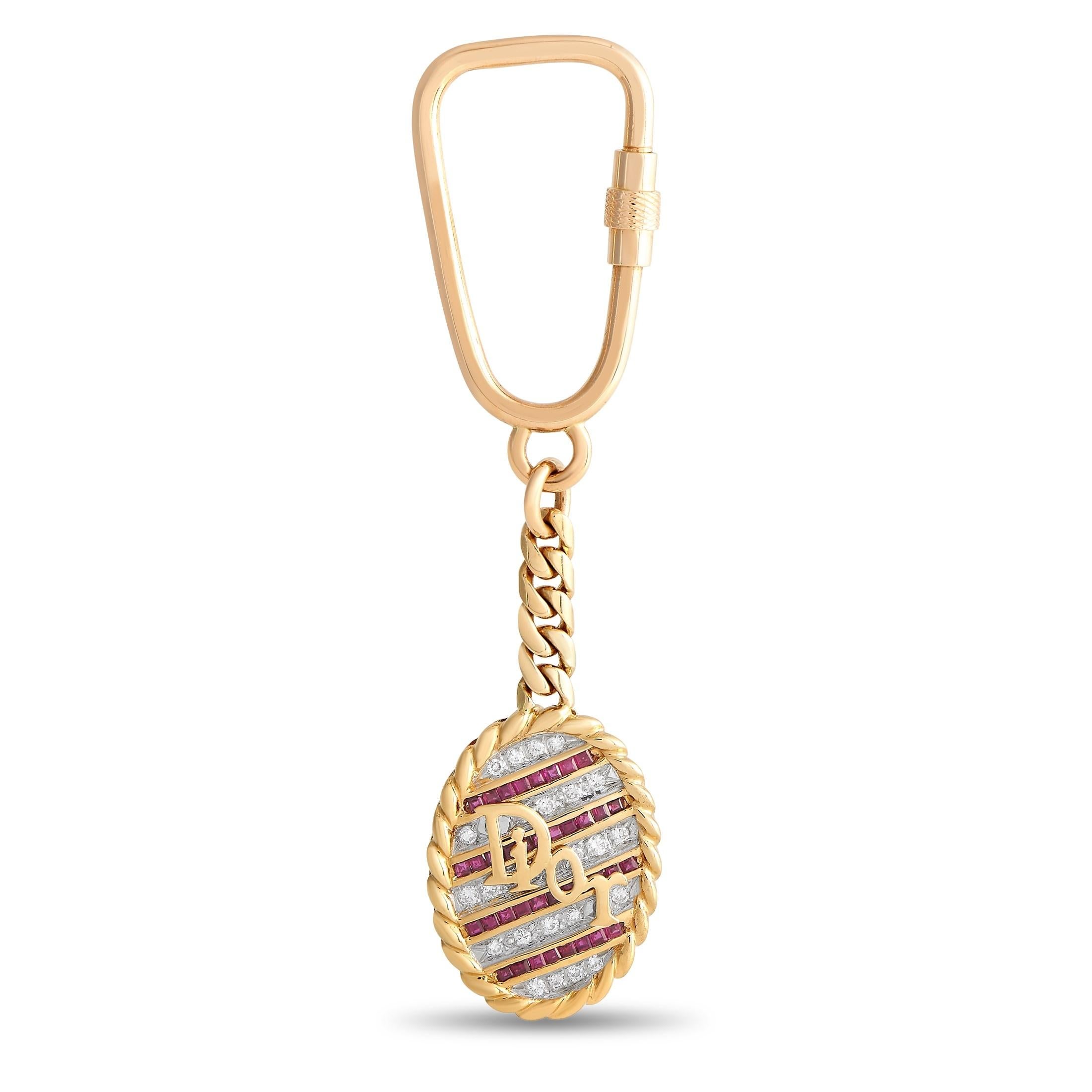 Add a touch of luxury to every day with this versatile Dior keychain. Perfect for carrying your keys or adding elegance to a handbag, it’s crafted from a combination of 18K Yellow Gold and 18K Rose Gold. Diamonds totaling 1.0 carats, rubies totaling