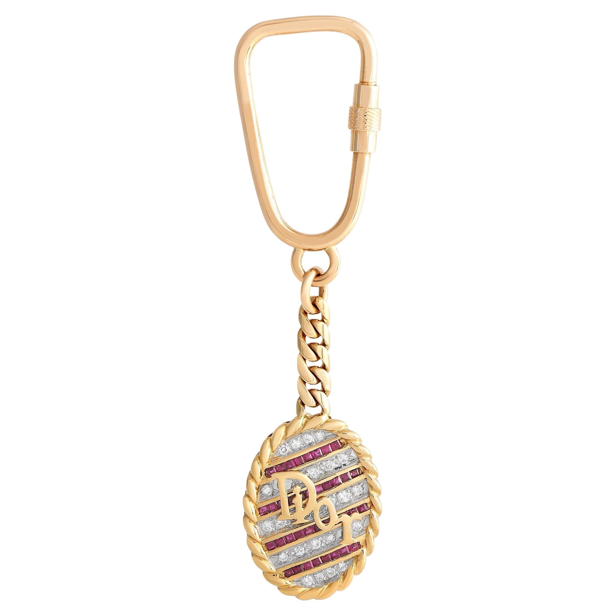 Dior 18K Yellow and Rose Gold 1.00 Ct Diamond and Ruby Keychain