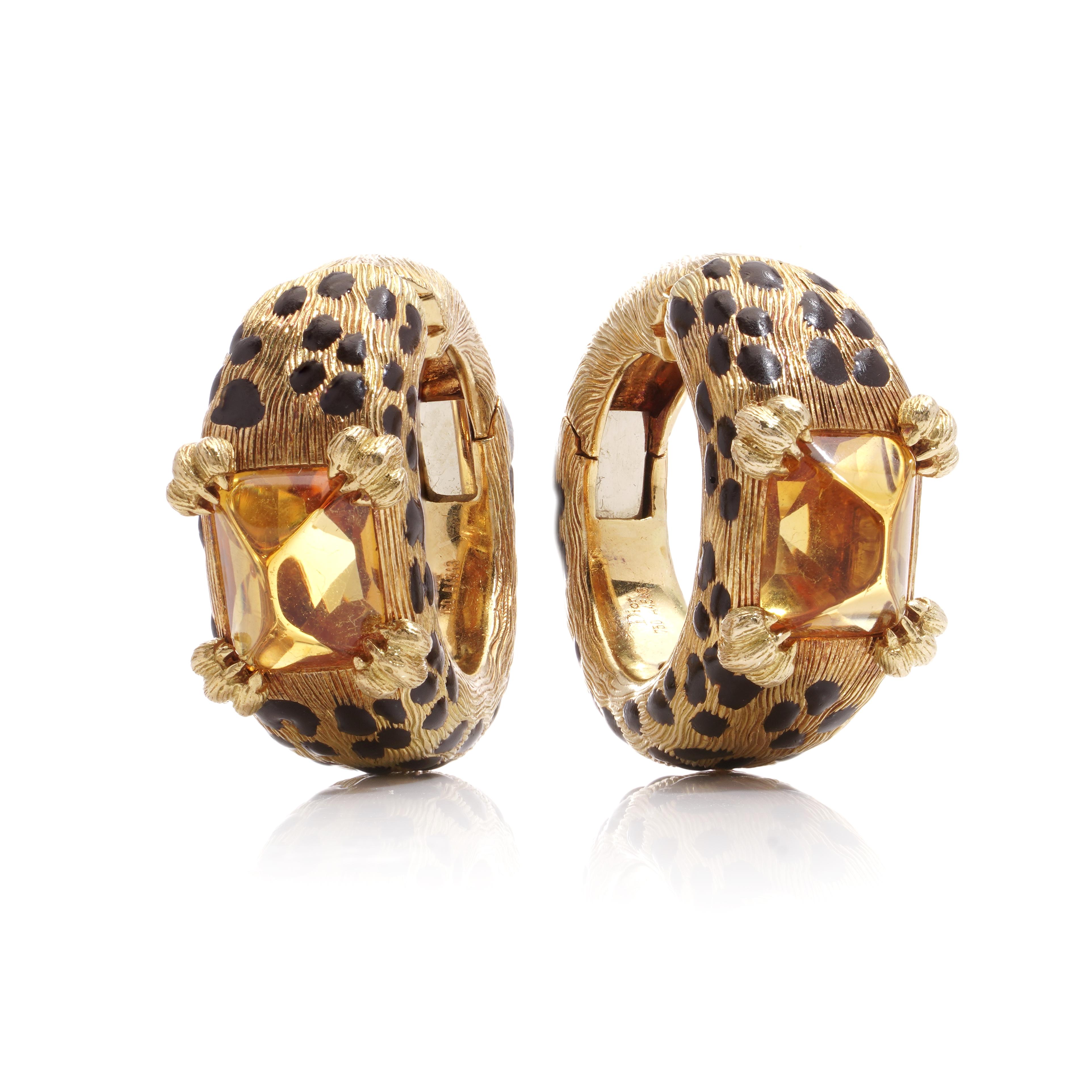 Sugarloaf Cabochon Dior 18kt gold and enamel Leopard design pair of ear clips with citrine stones  For Sale