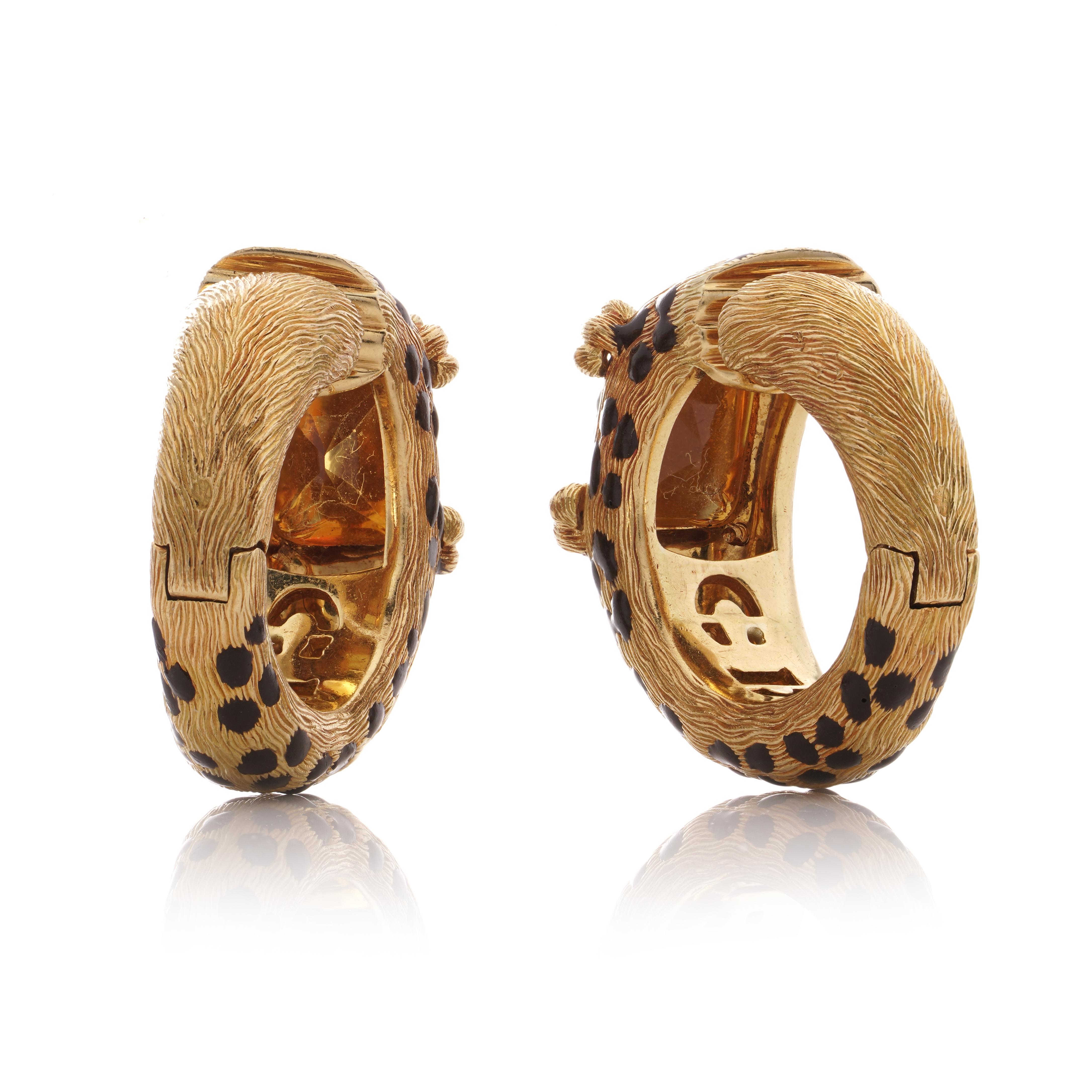 Dior 18kt gold and enamel Leopard design pair of ear clips with citrine stones  In Good Condition For Sale In Braintree, GB