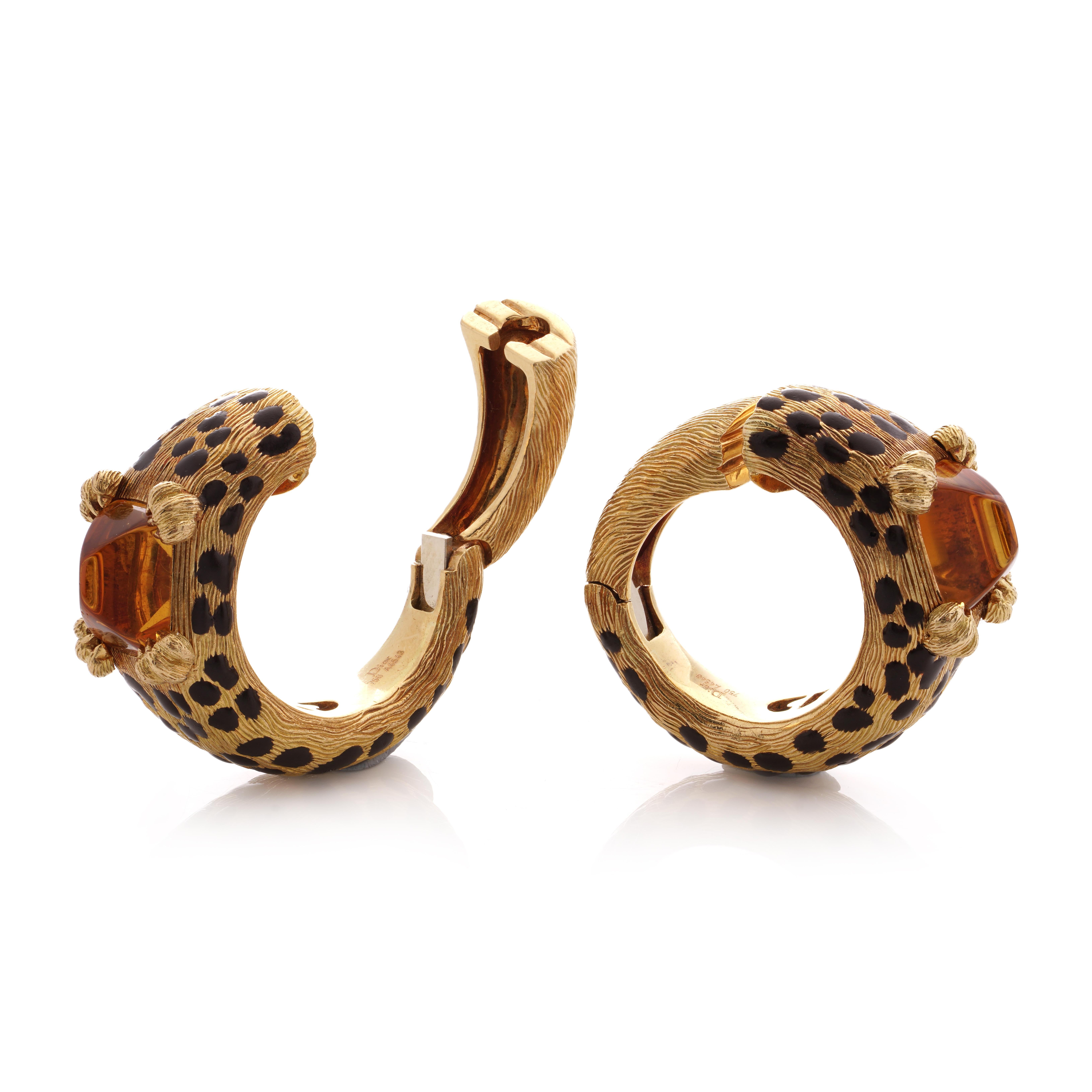 Women's Dior 18kt gold and enamel Leopard design pair of ear clips with citrine stones  For Sale