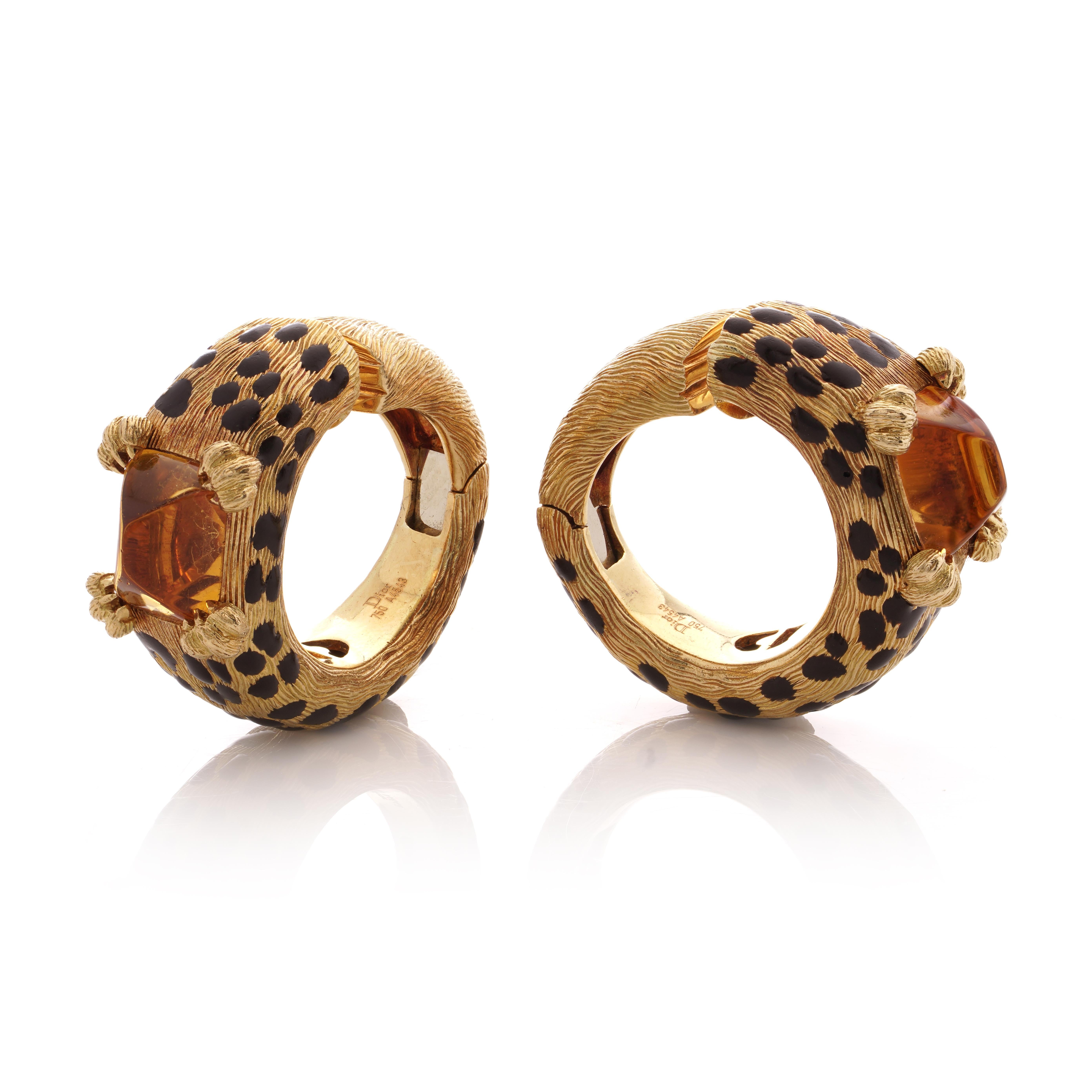 Dior 18kt gold and enamel Leopard design pair of ear clips with citrine stones  For Sale 1