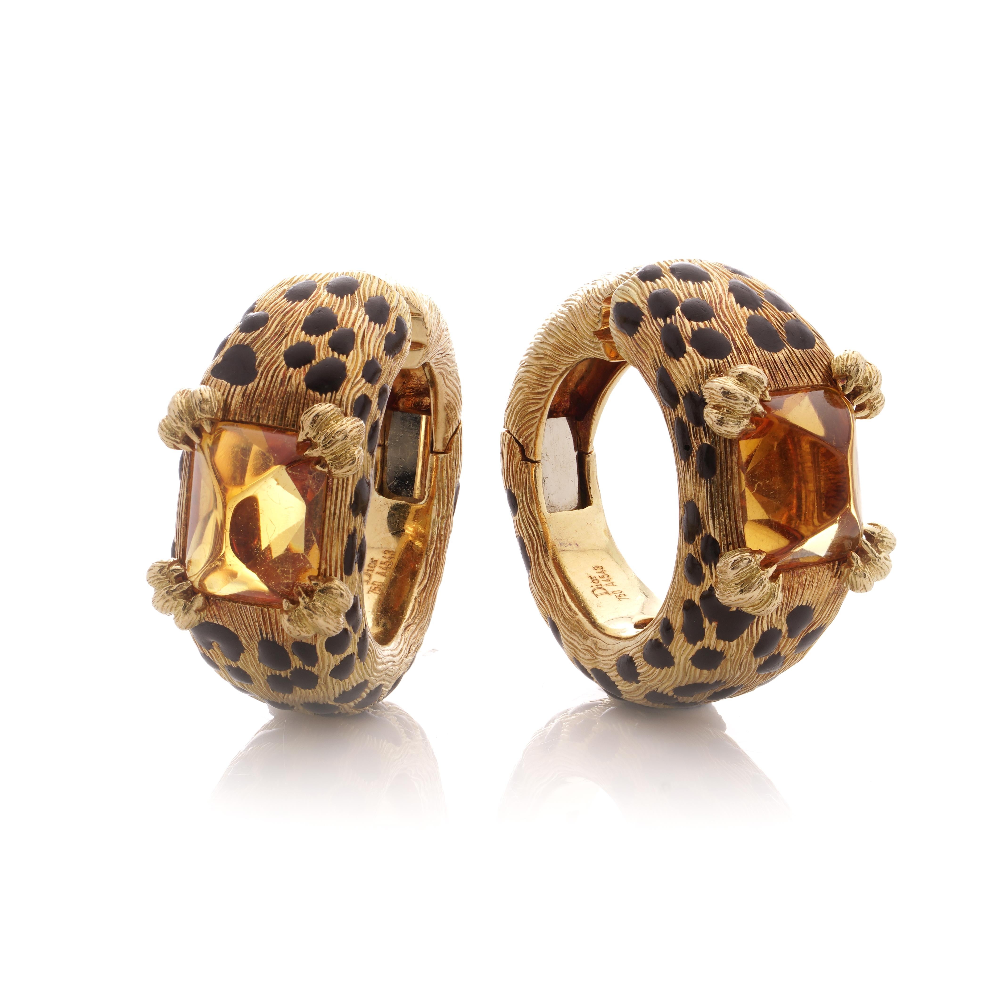 Dior 18kt gold and enamel Leopard design pair of ear clips with citrine stones  For Sale 2