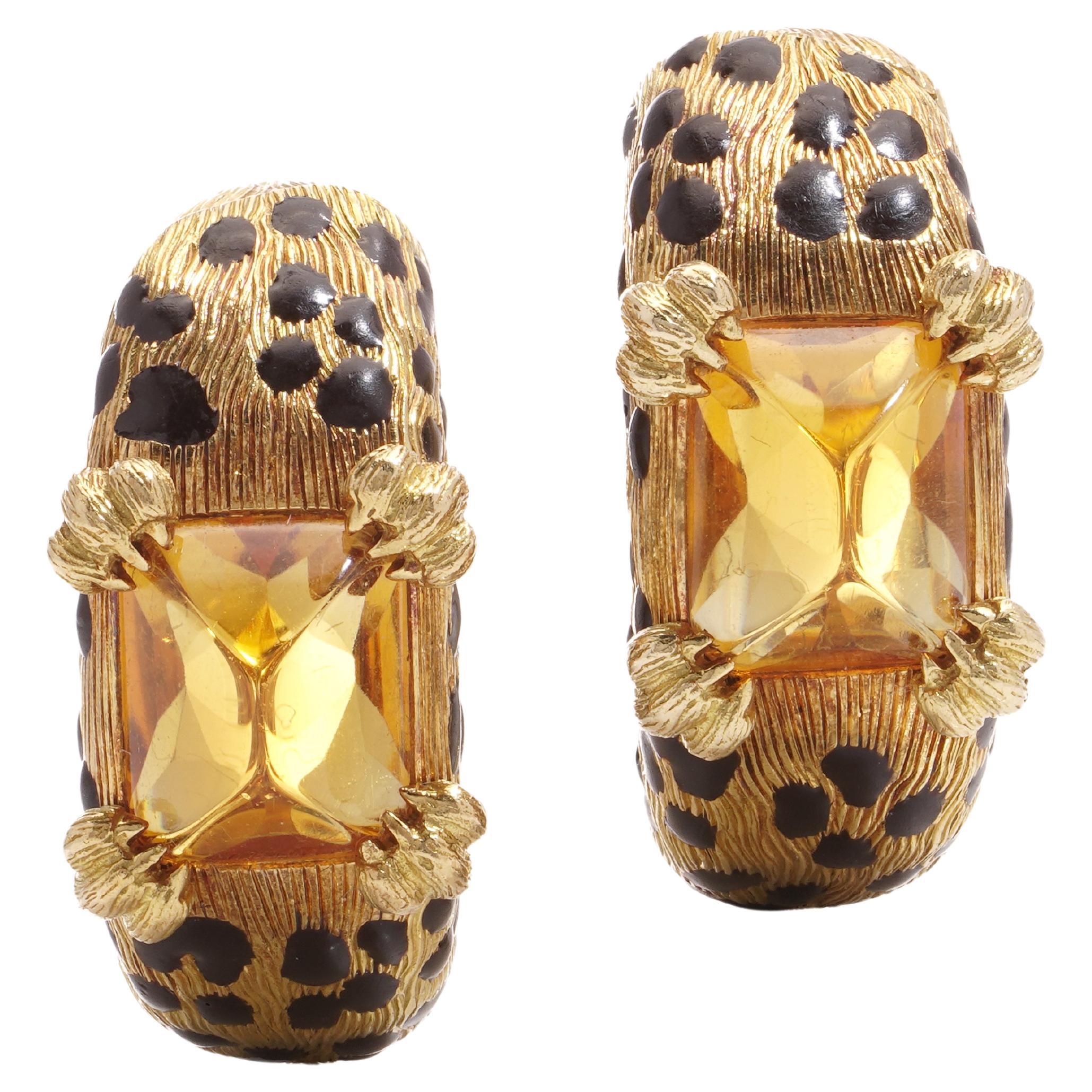 Dior 18kt gold and enamel Leopard design pair of ear clips with citrine stones  For Sale