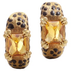 Used Dior 18kt gold and enamel Leopard design pair of ear clips with citrine stones 
