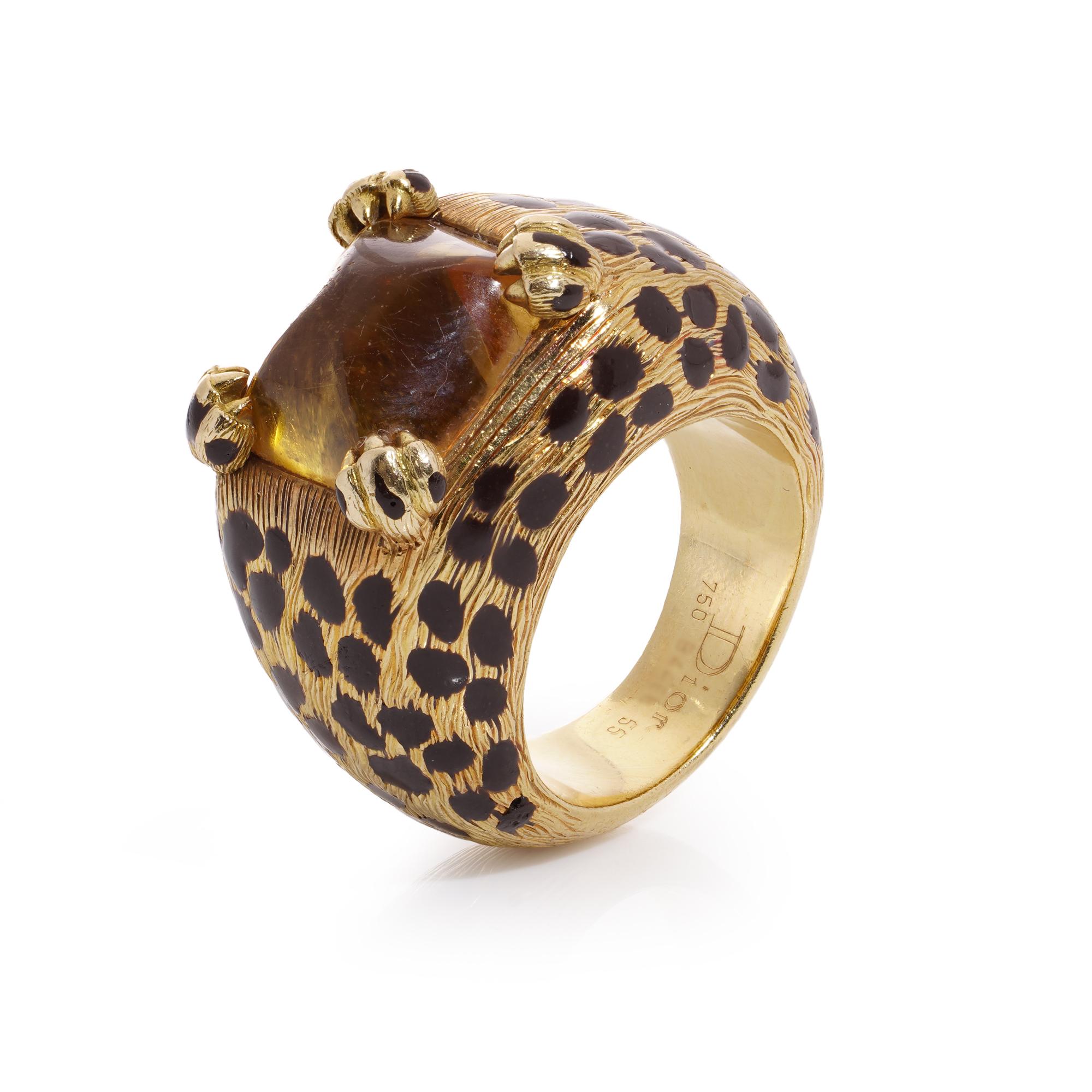 Sugarloaf Cabochon Dior 18kt gold citrine and enamel Leopard design dome cocktail ring  For Sale