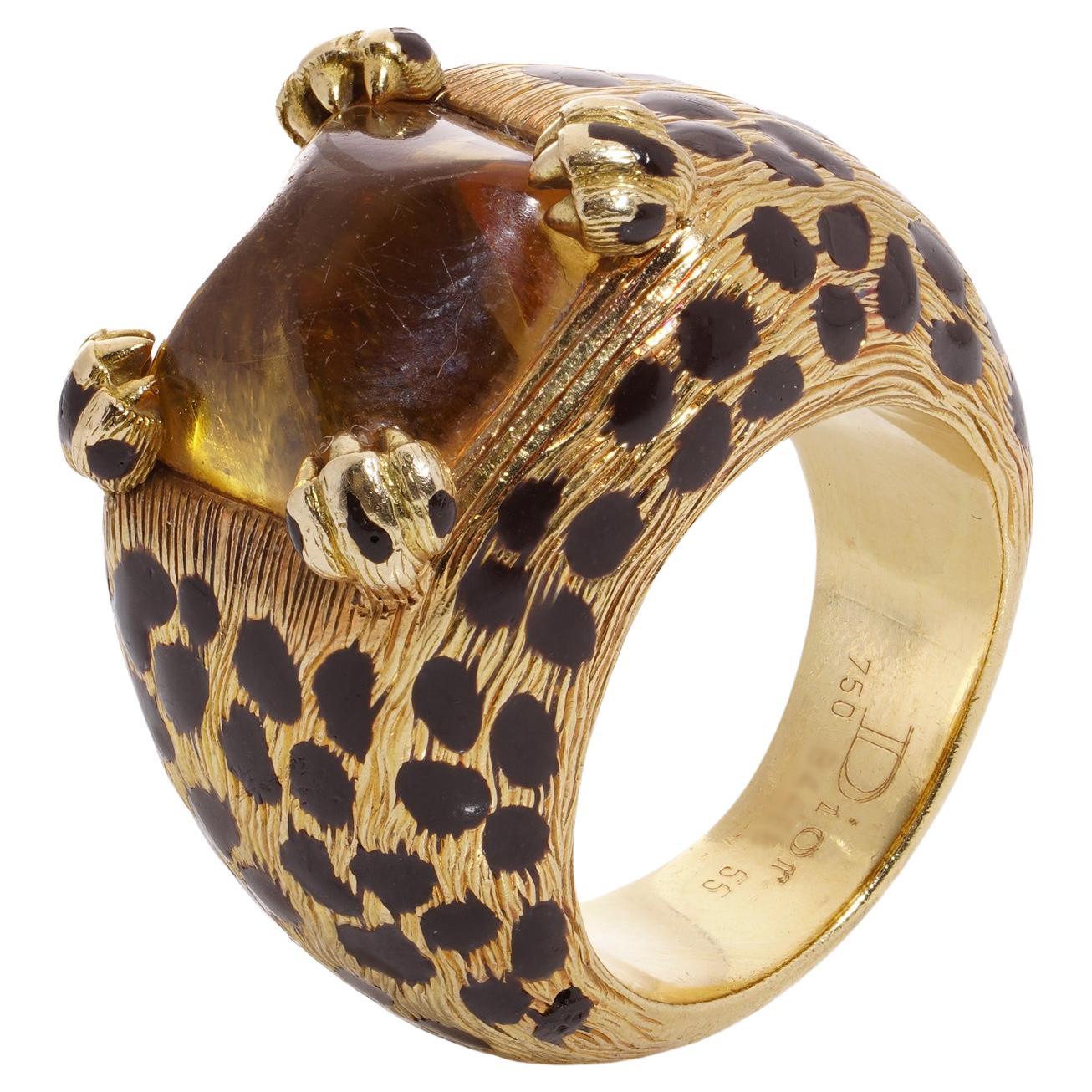 Dior 18kt gold citrine and enamel Leopard design dome cocktail ring  For Sale