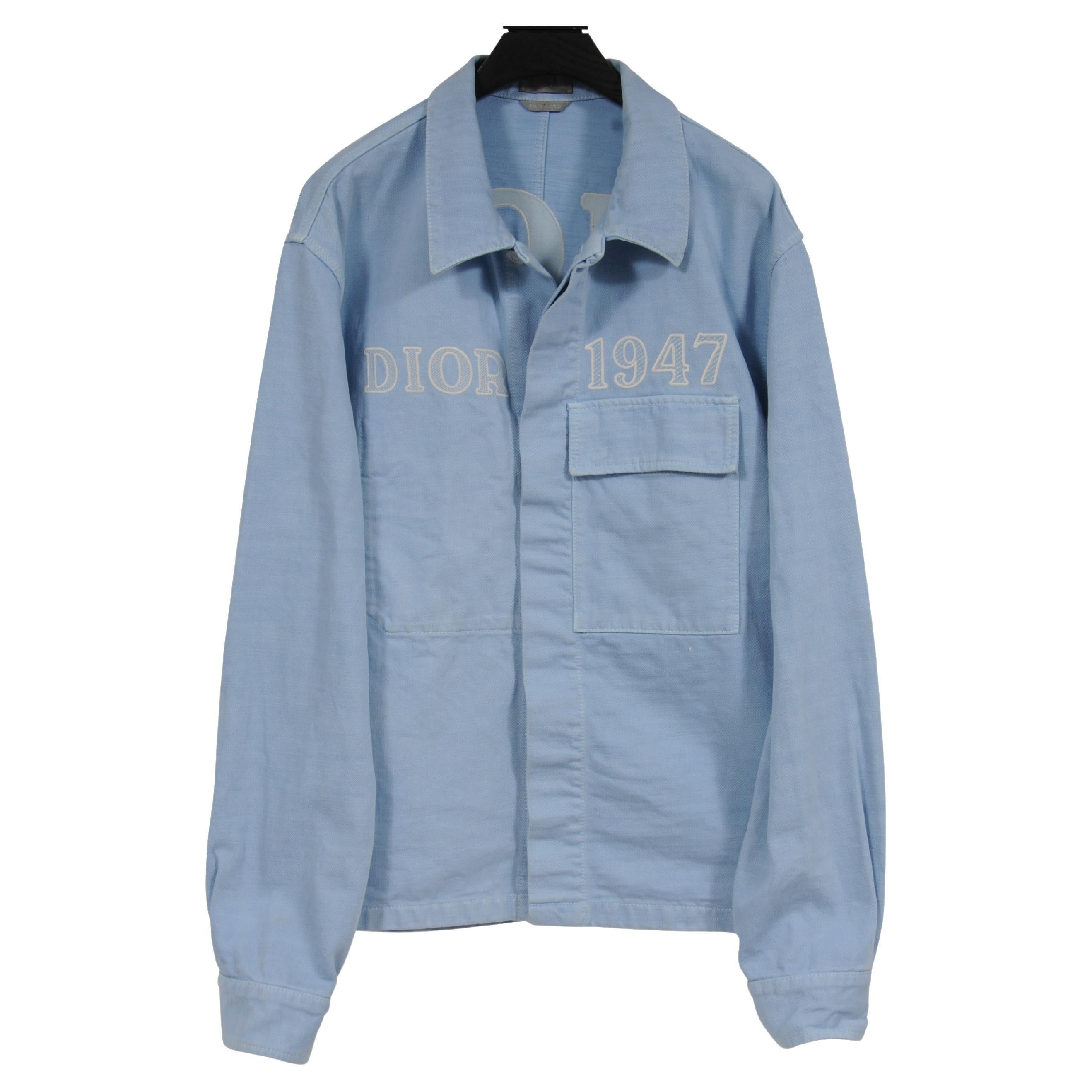 Dior 1947 Logo Denim Jacket 48 Medium Light Blue White Cotton Pocket Jean Coat