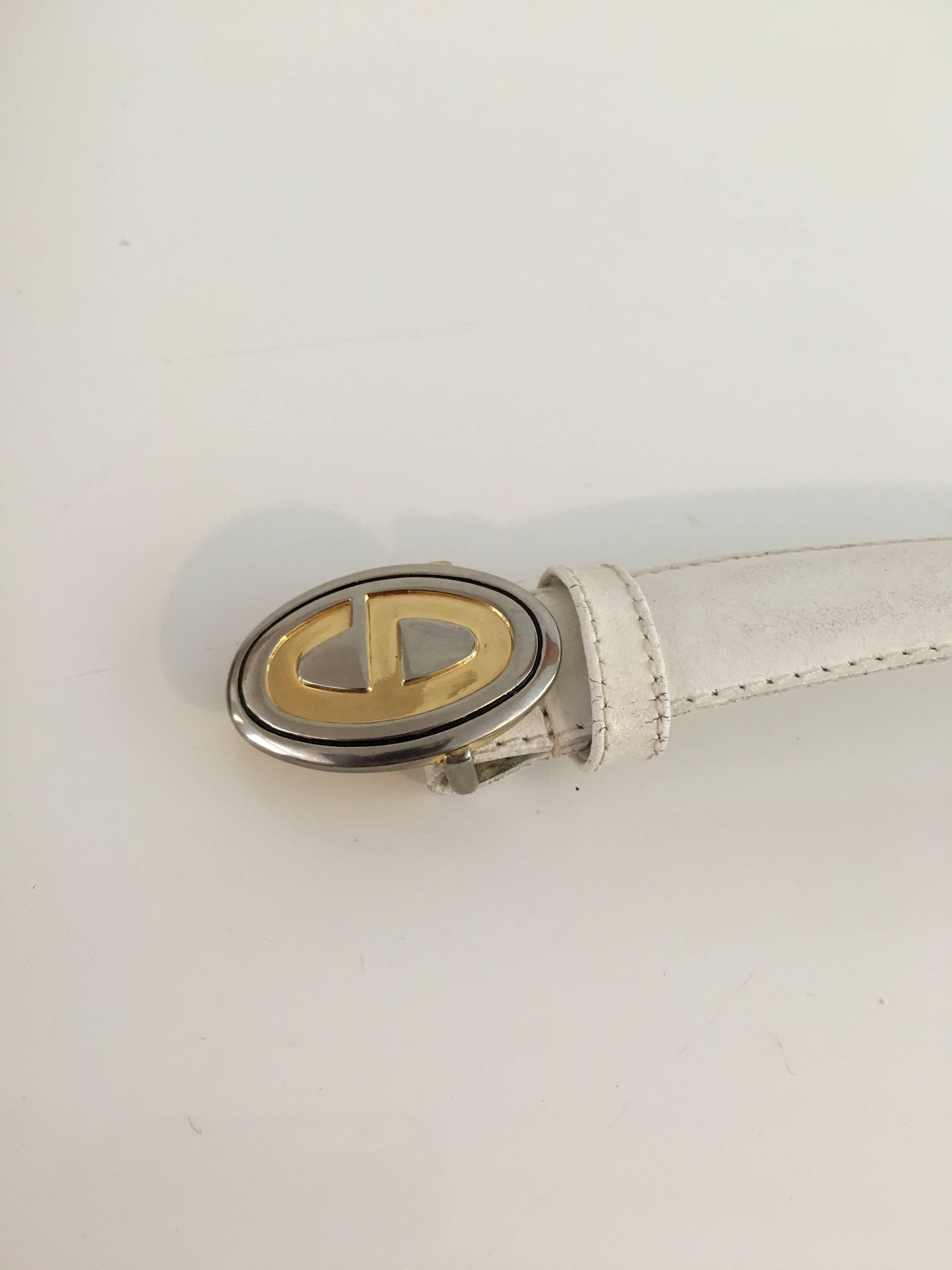 Dior Logo Buckle with White Leather Strap, 1980s   In Good Condition For Sale In Atlanta, GA