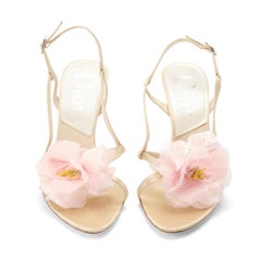 Dior 2000s Cream Satin Pink Flower Slingback Heels