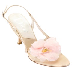 Dior 2000s Cream Satin Pink Flower Slingback Heels