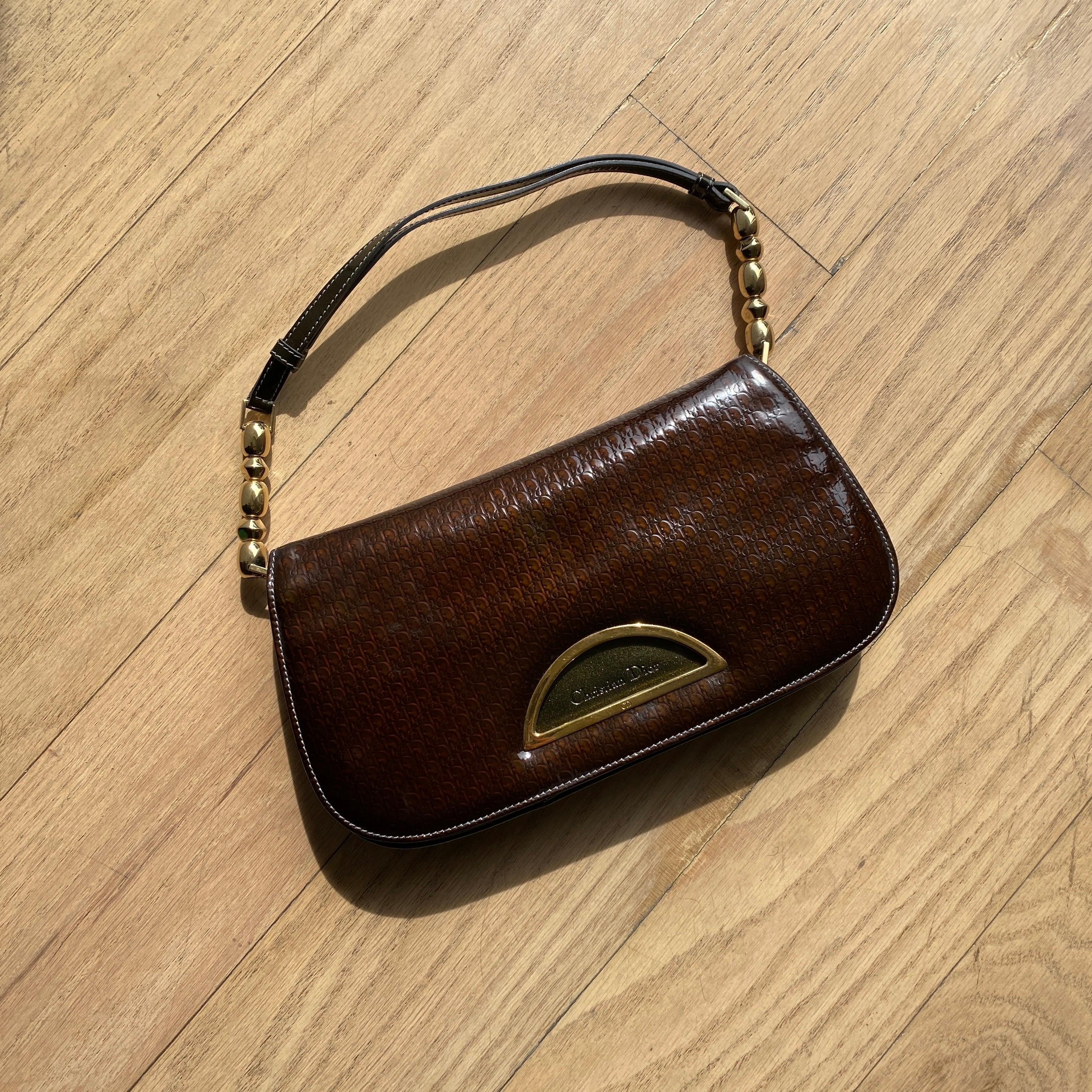 Dior 2000s Malice Brown Khaki Monogram Patent Leather Bag In Good Condition In Los Angeles, CA