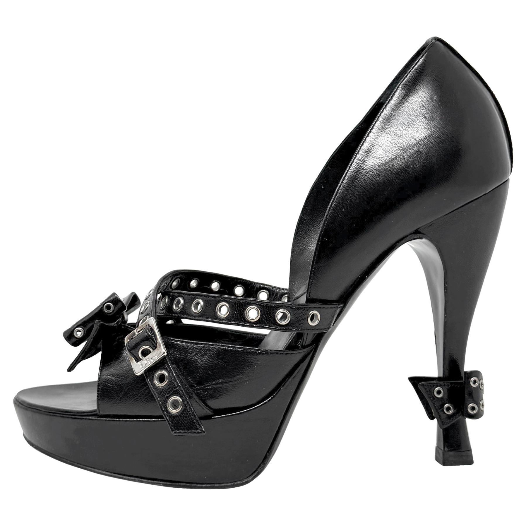 Dior 2003 Fall Galliano Black Leather Grommet Bow Platform Heels 37