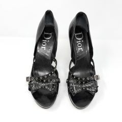 Dior 2003 Fall Galliano Black Leather Grommet Bow Platform Heels 39.5