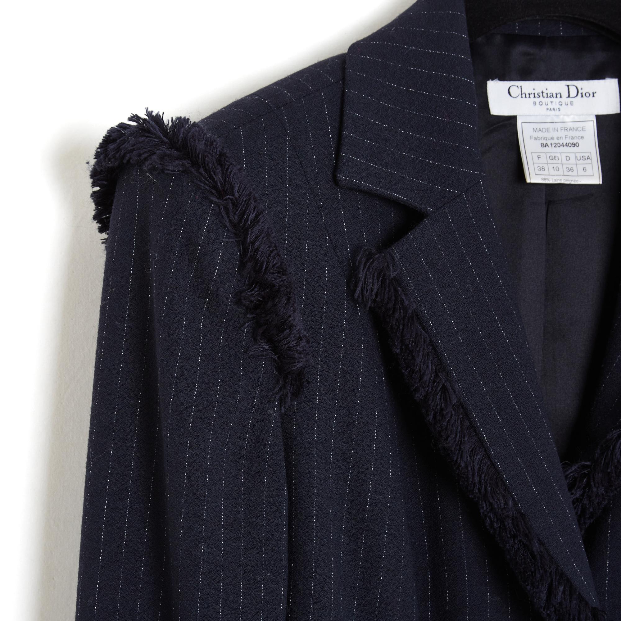 Nero Dior 2008 John Galliano Veste FR38 Gessato Frange Giacca Cropped Blazer UK10 U