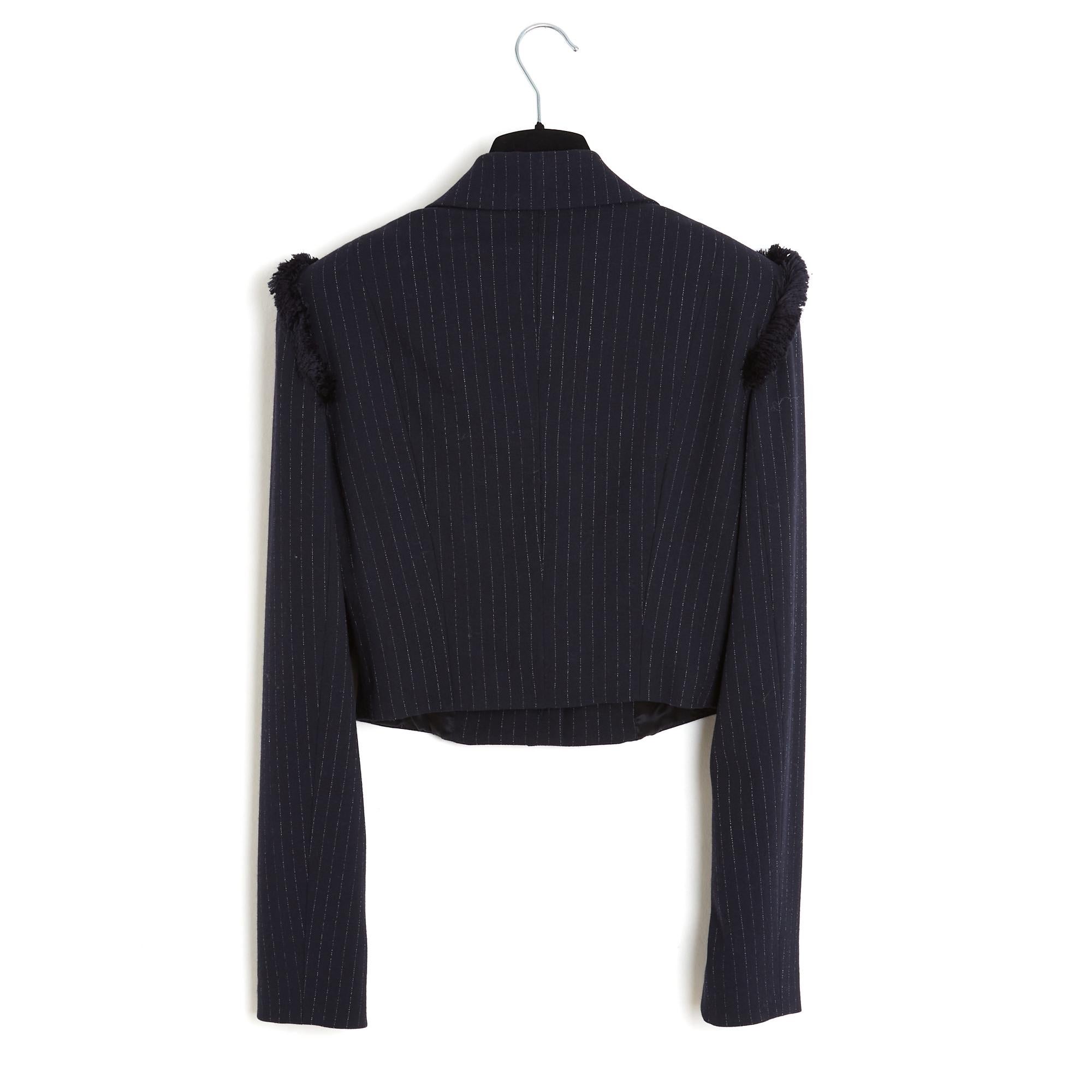 Dior 2008 John Galliano Veste FR38 Gessato Frange Giacca Cropped Blazer UK10 U 1