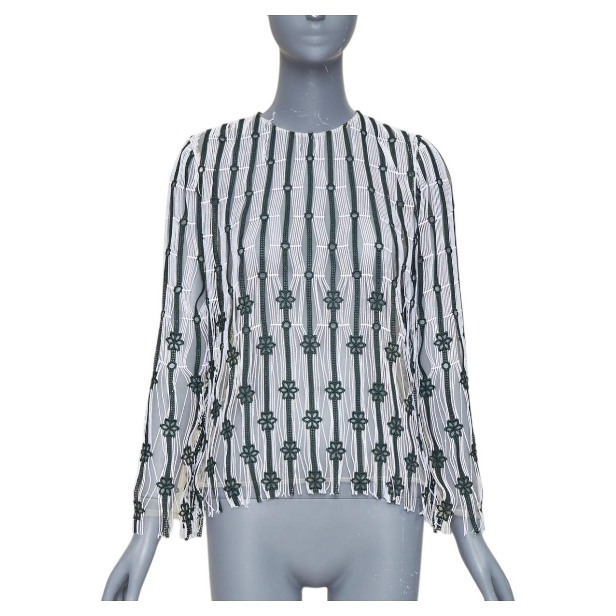 DIOR 2016 black white striped floral embroidered lace fringe blouse top FR36 S