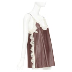 DIOR 2016 Raf Simons brown lambskin leather lace trim micro slip dress FR36 S