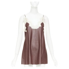 DIOR 2016 Raf Simons brown lambskin leather lace trim micro slip dress FR36 S