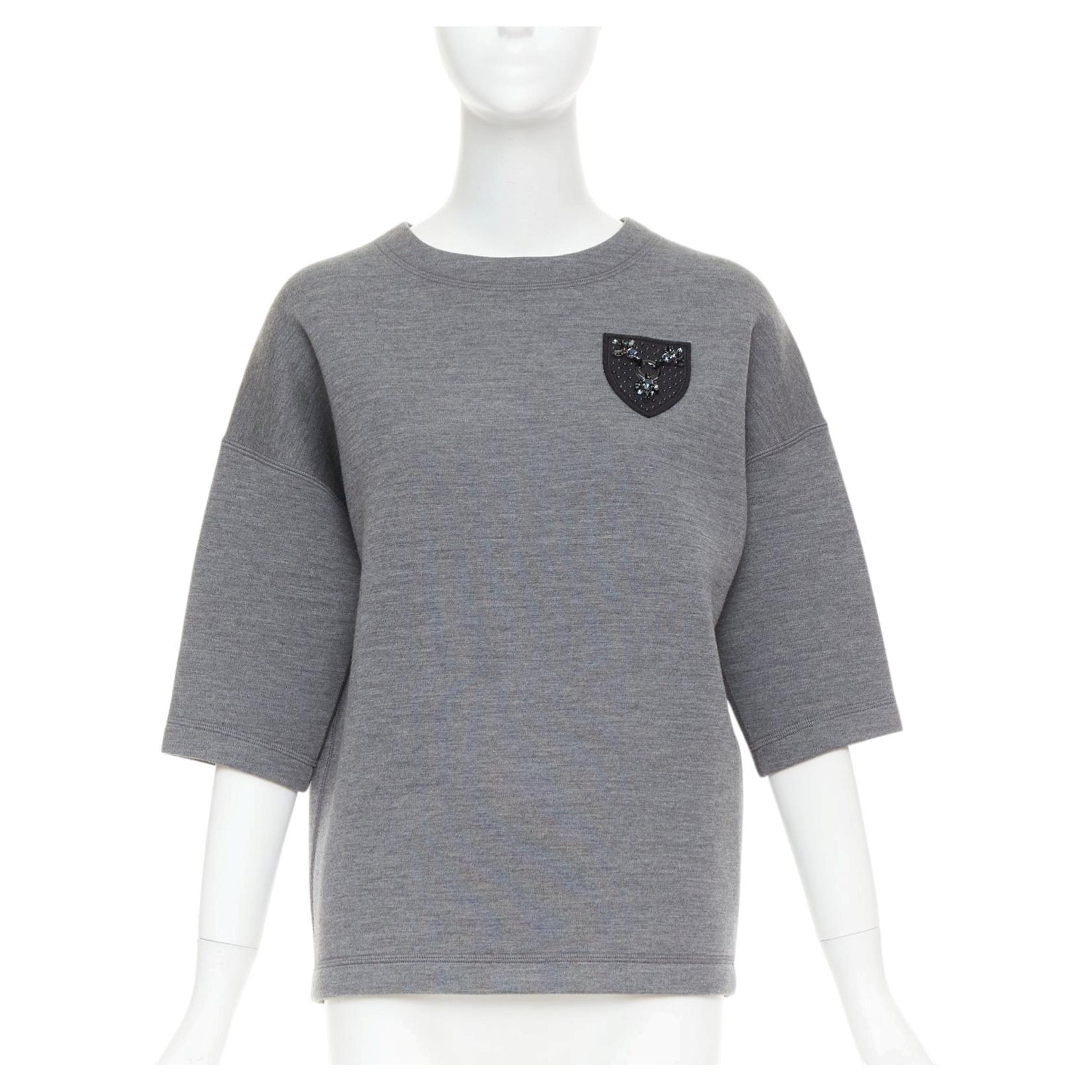DIOR 2017 grey wool blend black crystal embellished crest sweatshirt FR34 XS
