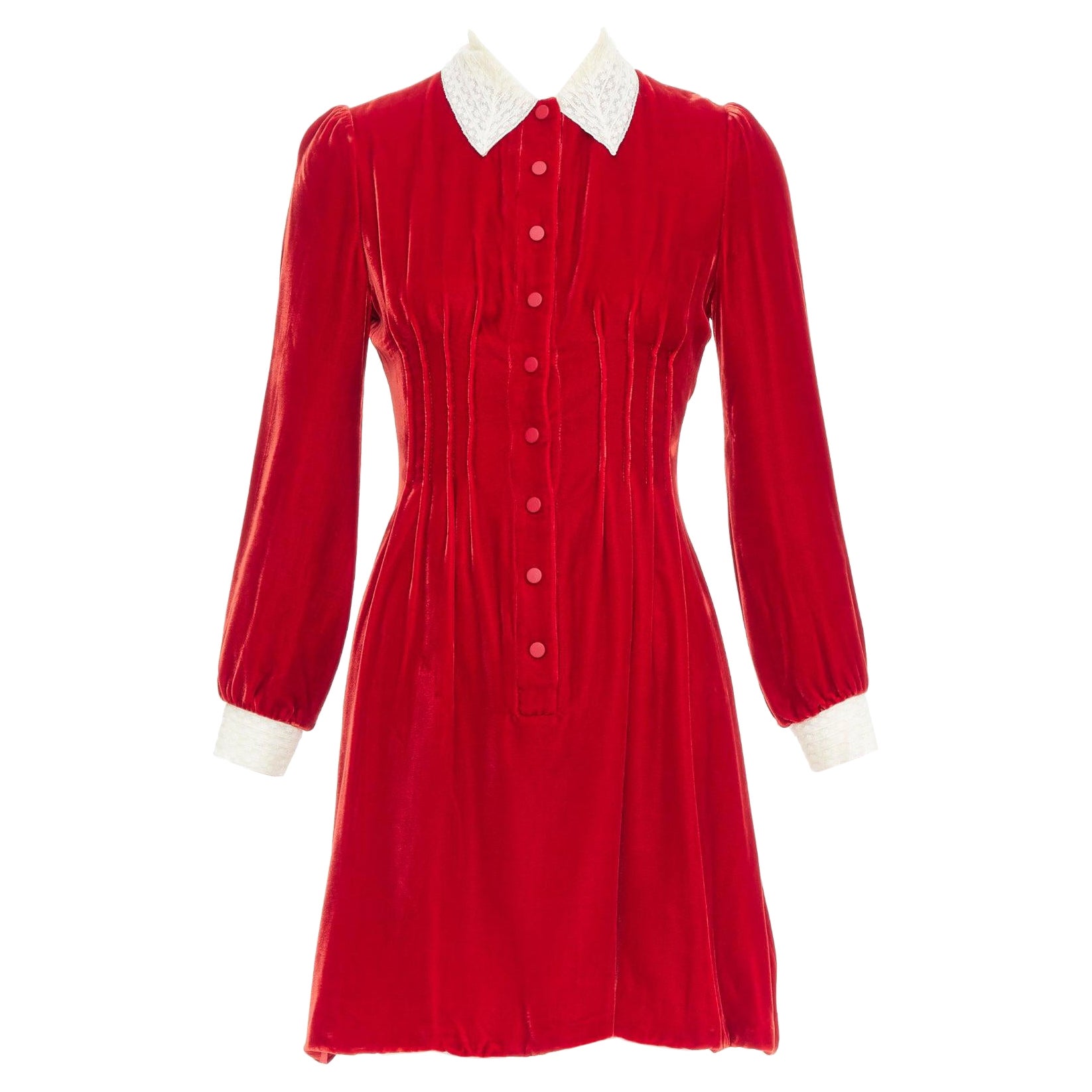 DIOR 2017 Runway rouge velours écrasé crème robe plissée bordée de dentelle FR34 XS en vente