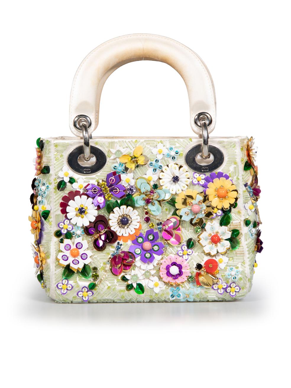 Dior 2017 White Satin Floral Beaded Mini Lady Dior In Good Condition In London, GB