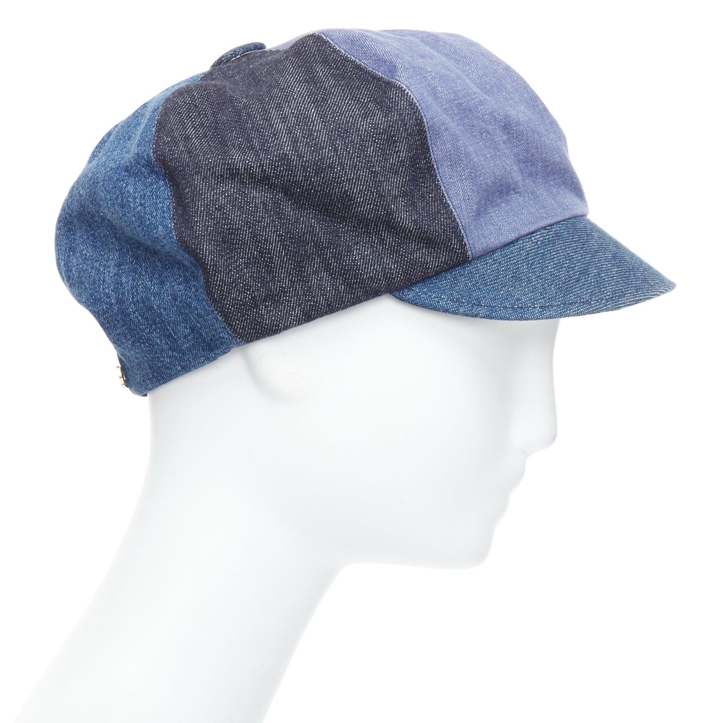 DIOR 2018 blue denim patchwork logo baker newsboy hat 58cm In Excellent Condition In Hong Kong, NT