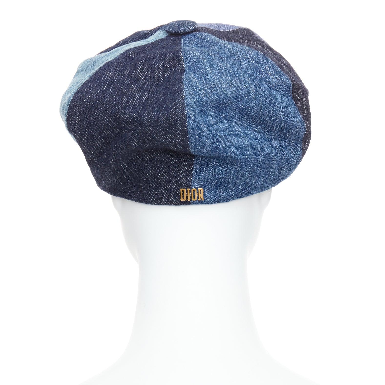 Women's DIOR 2018 blue denim patchwork logo baker newsboy hat 58cm