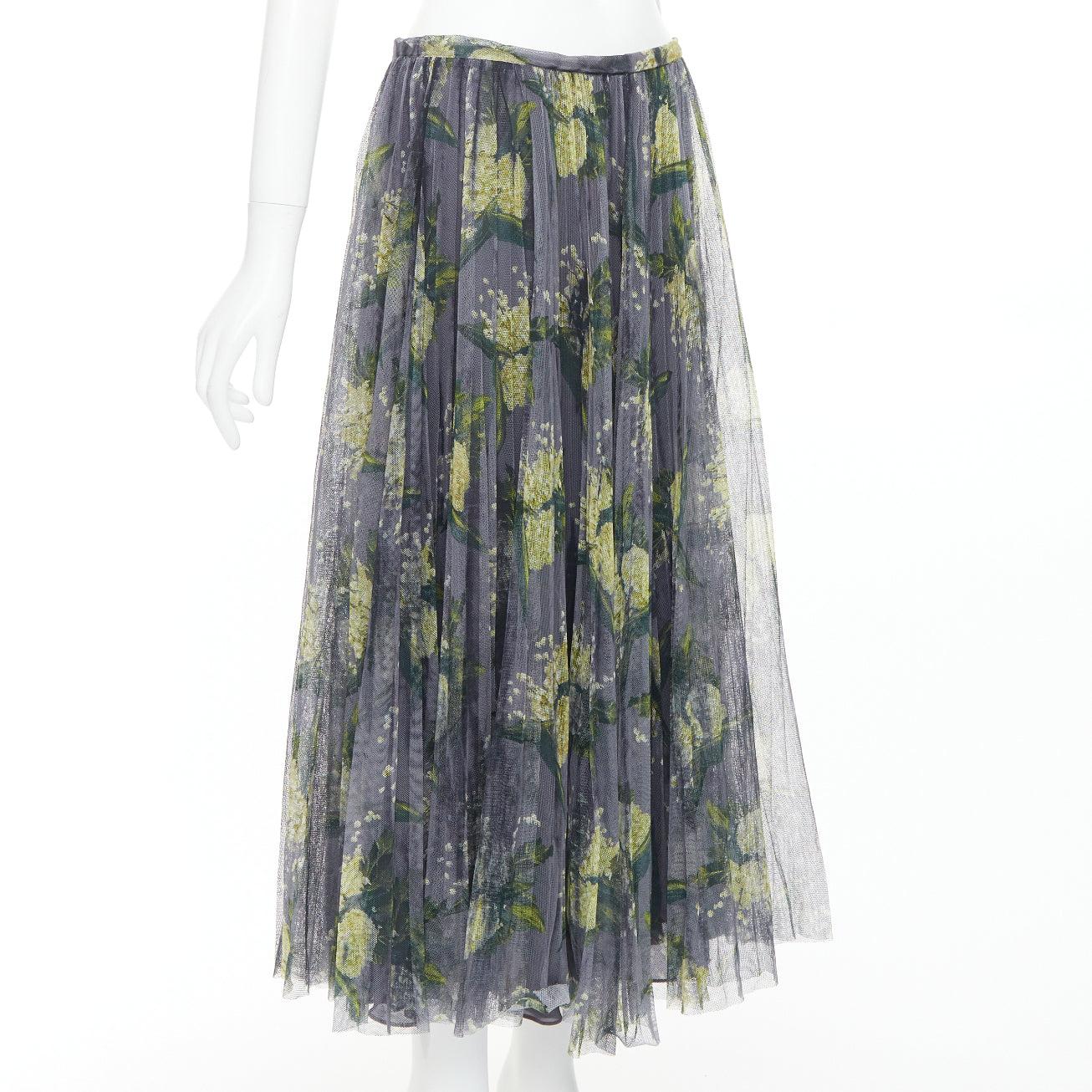 Gray DIOR 2019 grey green floral print cotton tulle midi skirt FR42 XL
