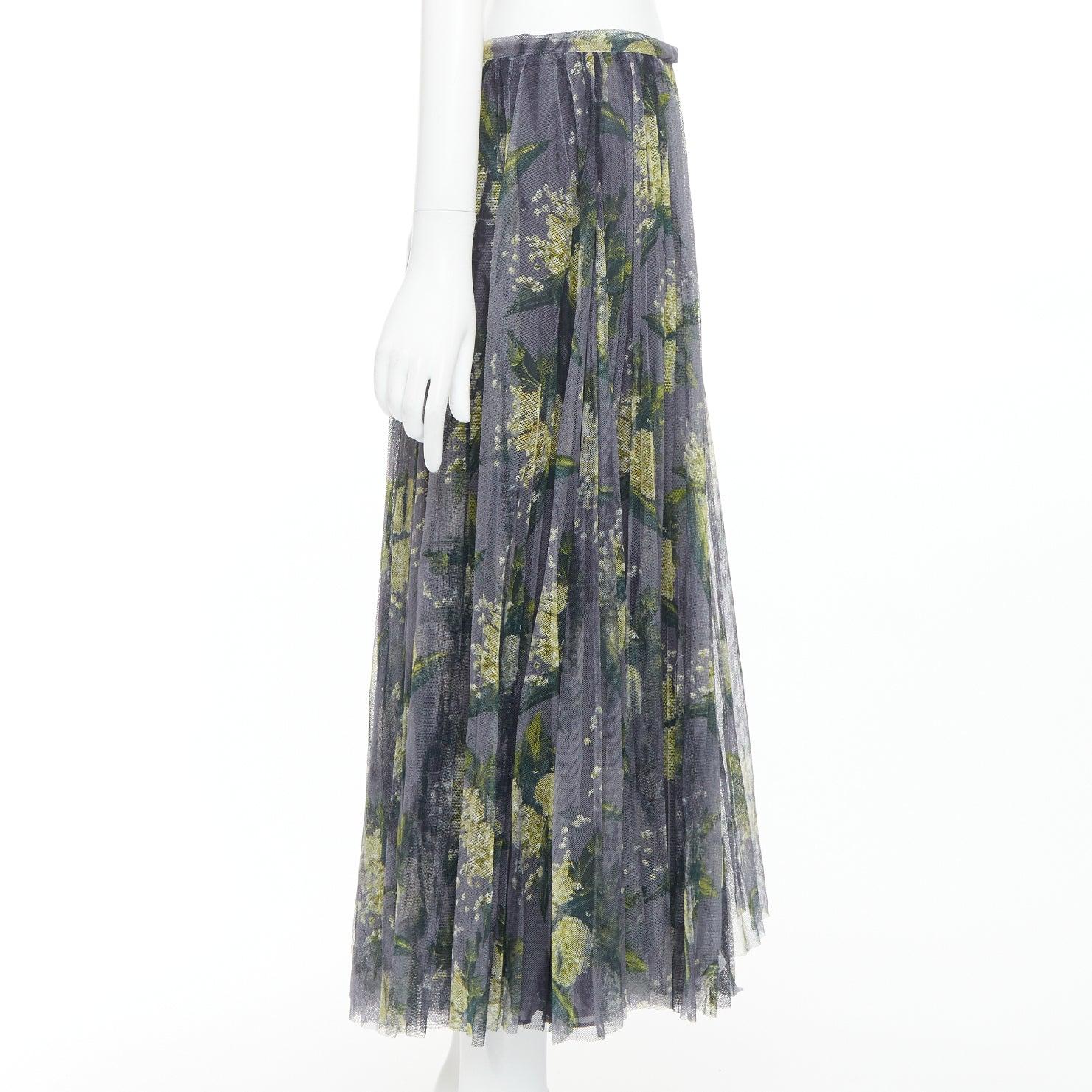 DIOR 2019 grey green floral print cotton tulle midi skirt FR42 XL In Excellent Condition In Hong Kong, NT