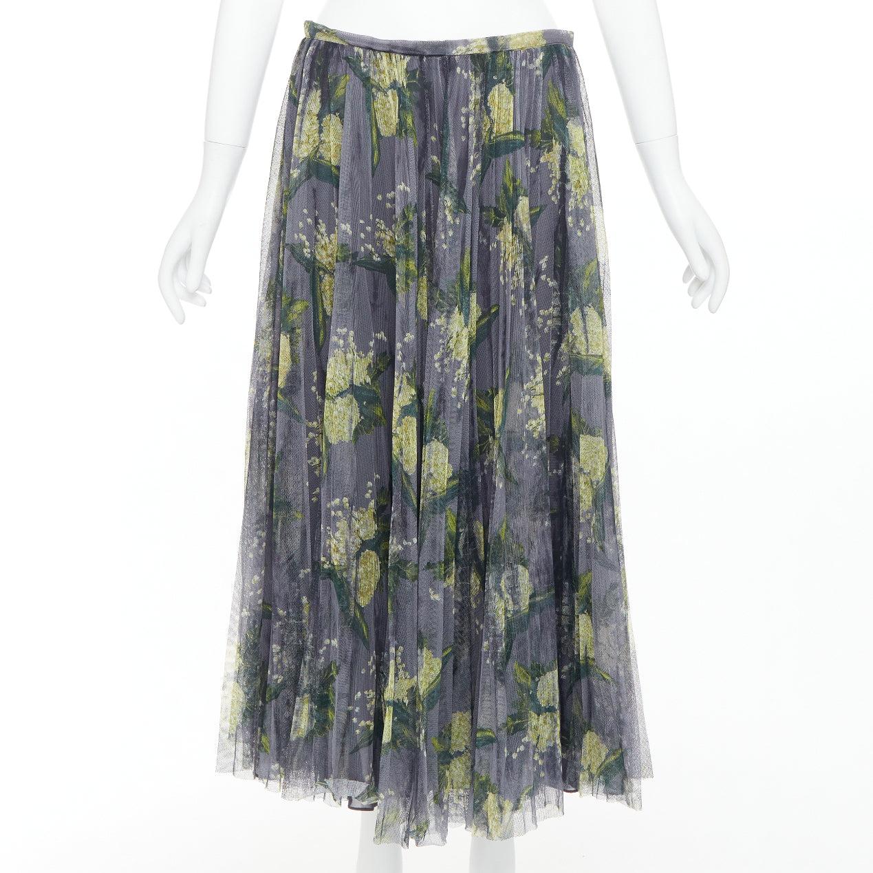 Women's DIOR 2019 grey green floral print cotton tulle midi skirt FR42 XL