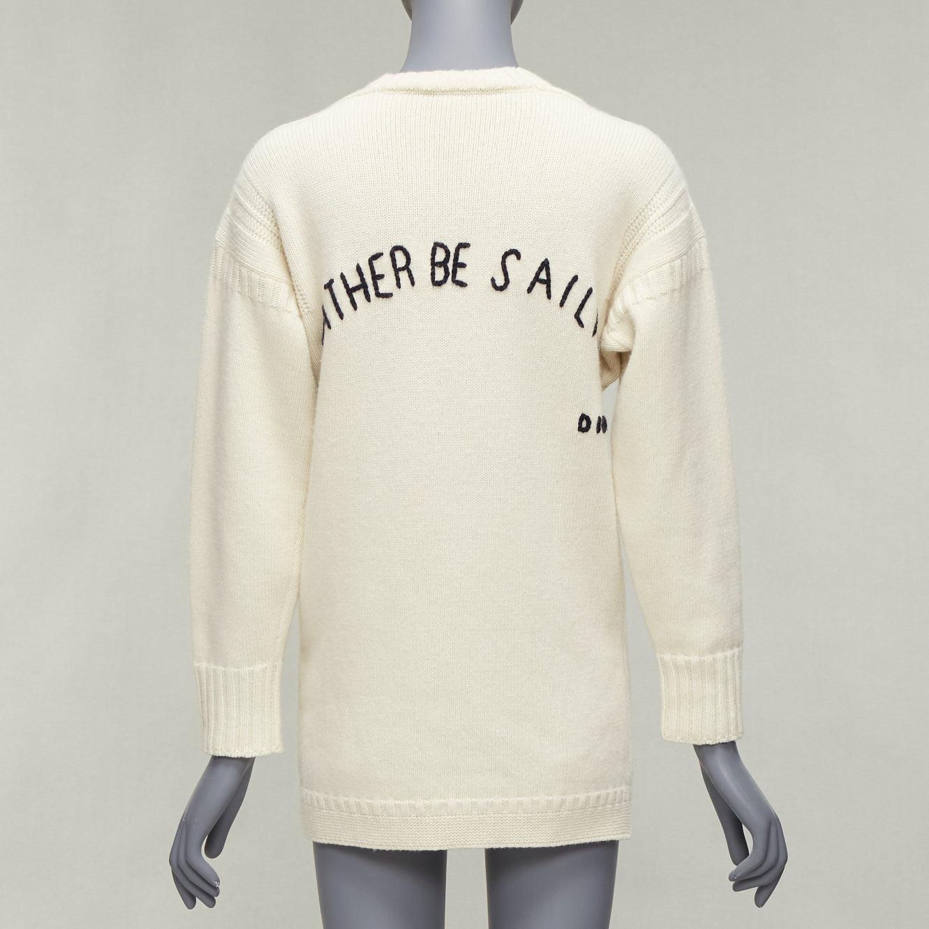 DIOR 2019 wool cashmere cream Rather Be Sailing long pullover sweater FR34 XS
Reference: YIKK/A00058
Brand: Dior
Designer: Maria Grazia Chiuri
Model: Rather Be Sailing
Collection: 2019 AW
Material: Wool, Cashmere
Color: Cream
Pattern: Solid
Closure: