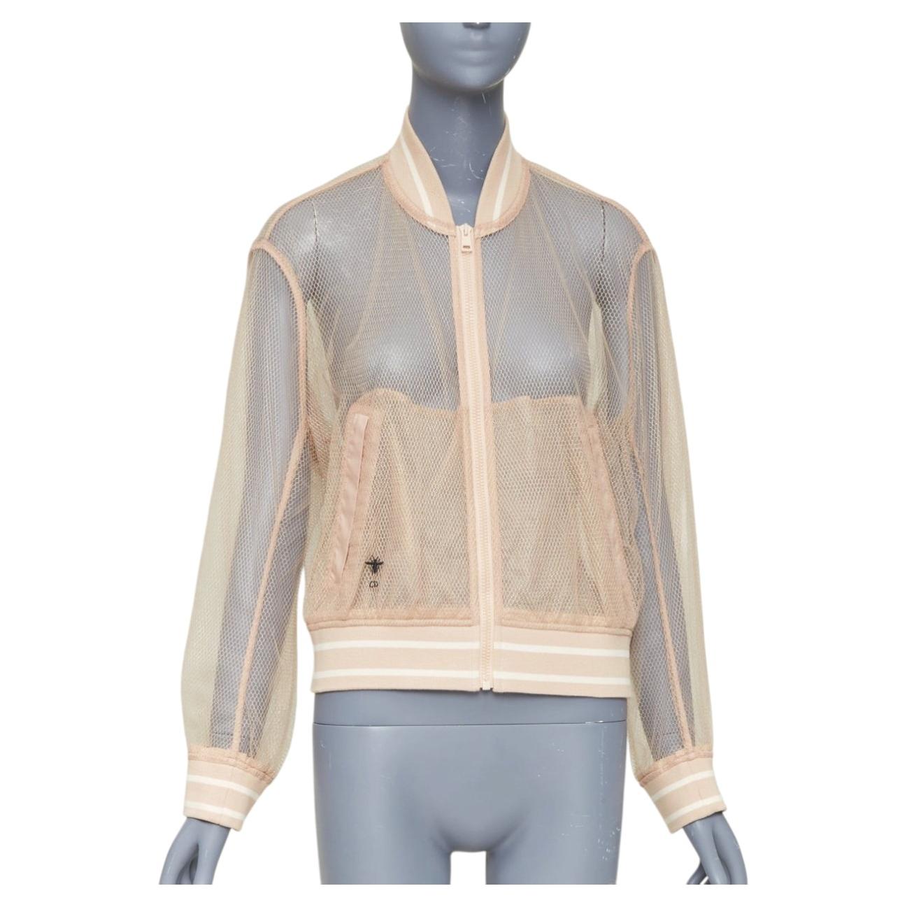 DIOR 2020 beige metallic mesh overlay sheer striped ribbed CD bomber jacket For Sale