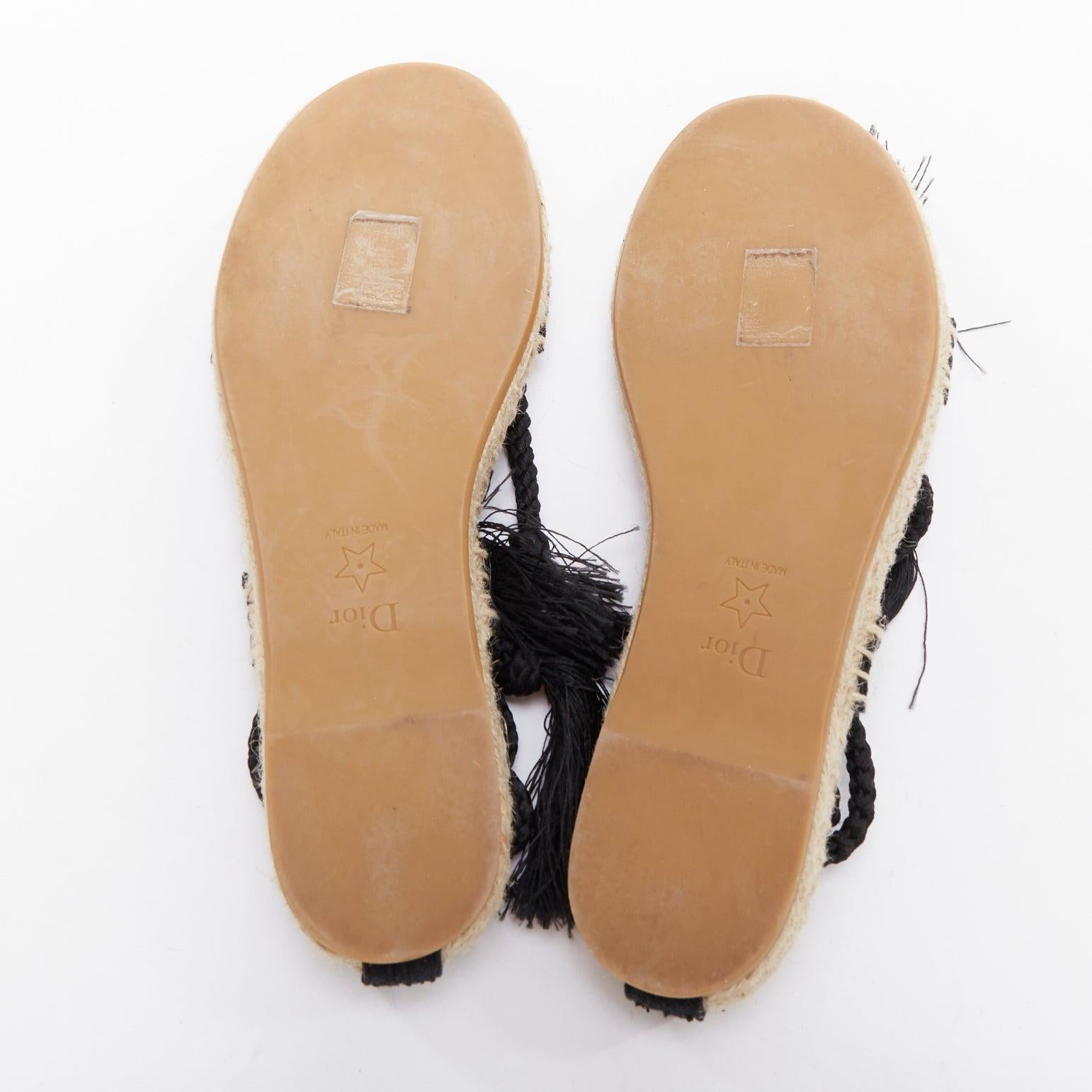 DIOR 2020 Diorexpress black embroidered cotton rope tie jute sandals EU37 For Sale 6