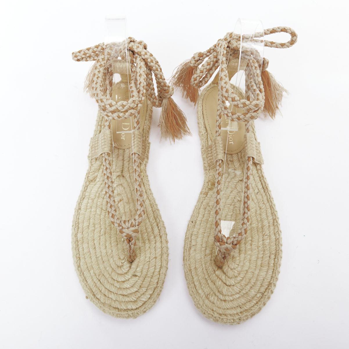 Beige DIOR 2020 Diorexpress nude embroidered cotton rope tie jute sandals EU37 For Sale