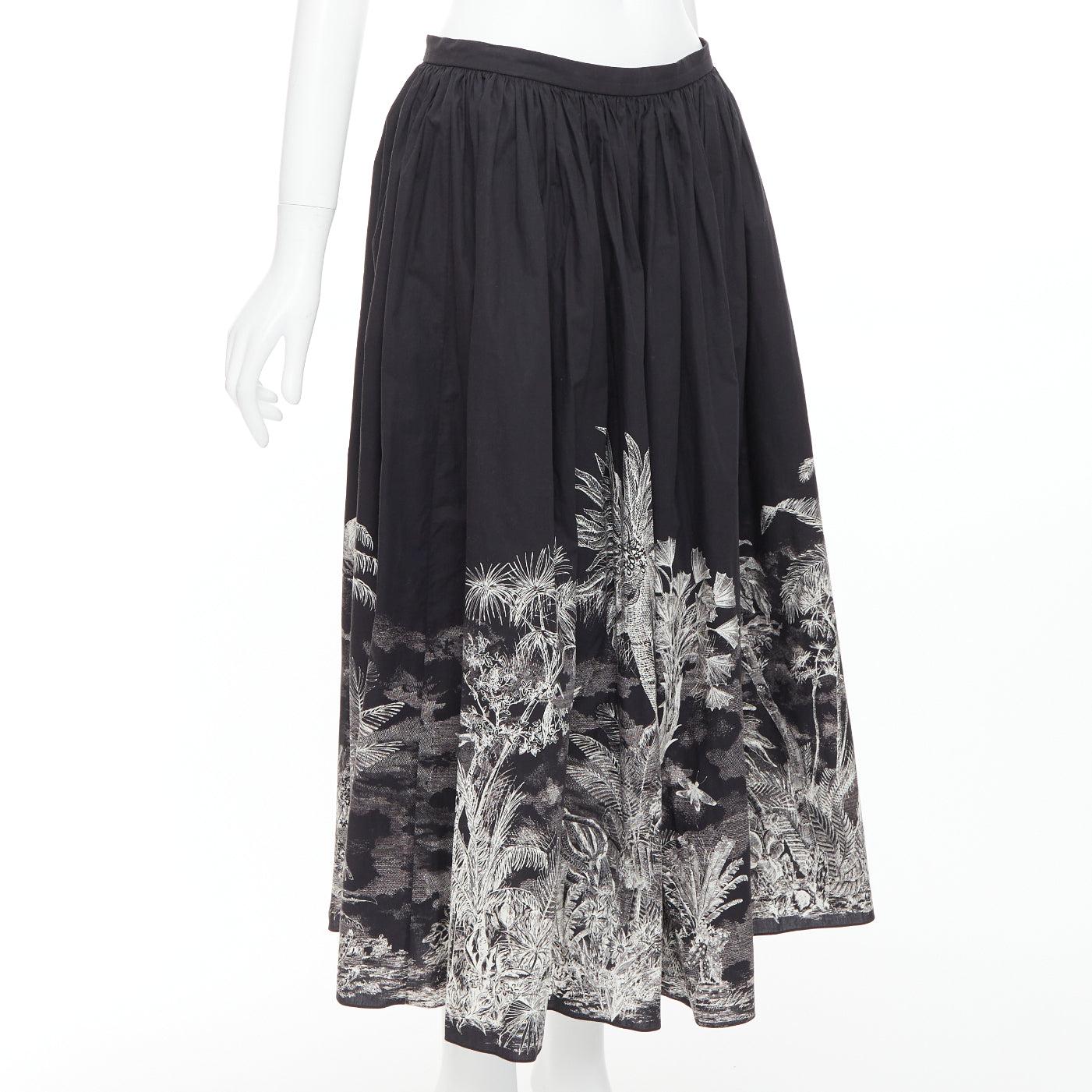 Nero DIOR 2021 gonna midi elasticizzata in vita in cotone nero con stampa Jungling FR42 XL in vendita