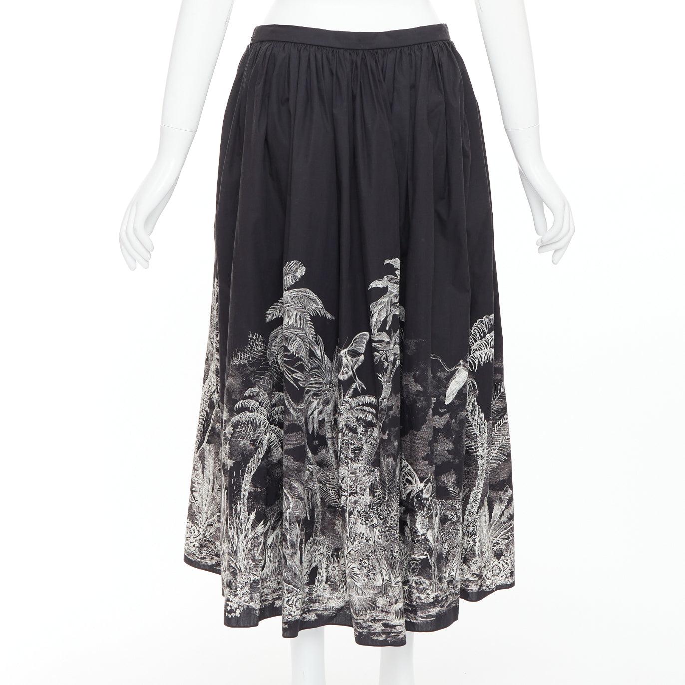 Donna DIOR 2021 gonna midi elasticizzata in vita in cotone nero con stampa Jungling FR42 XL in vendita