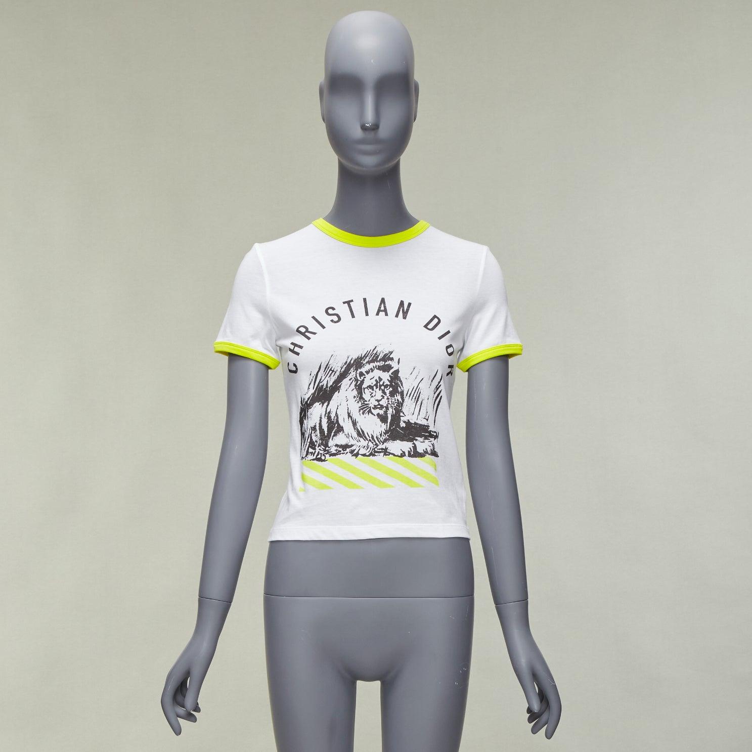 DIOR 2022 logo lion graphic print yellow cropped white cotton ringer tshirt XS For Sale 5