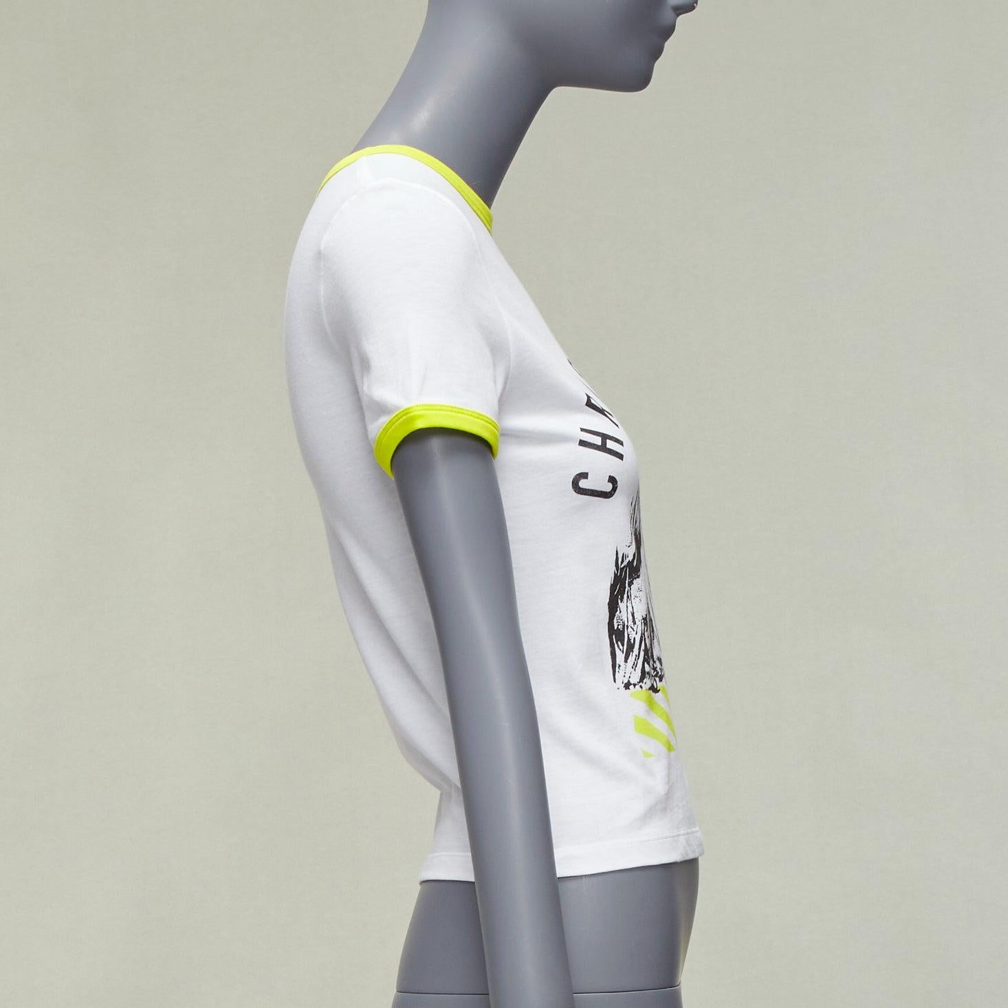 DIOR 2022 logo lion graphic print yellow cropped white cotton ringer tshirt XS In Excellent Condition For Sale In Hong Kong, NT