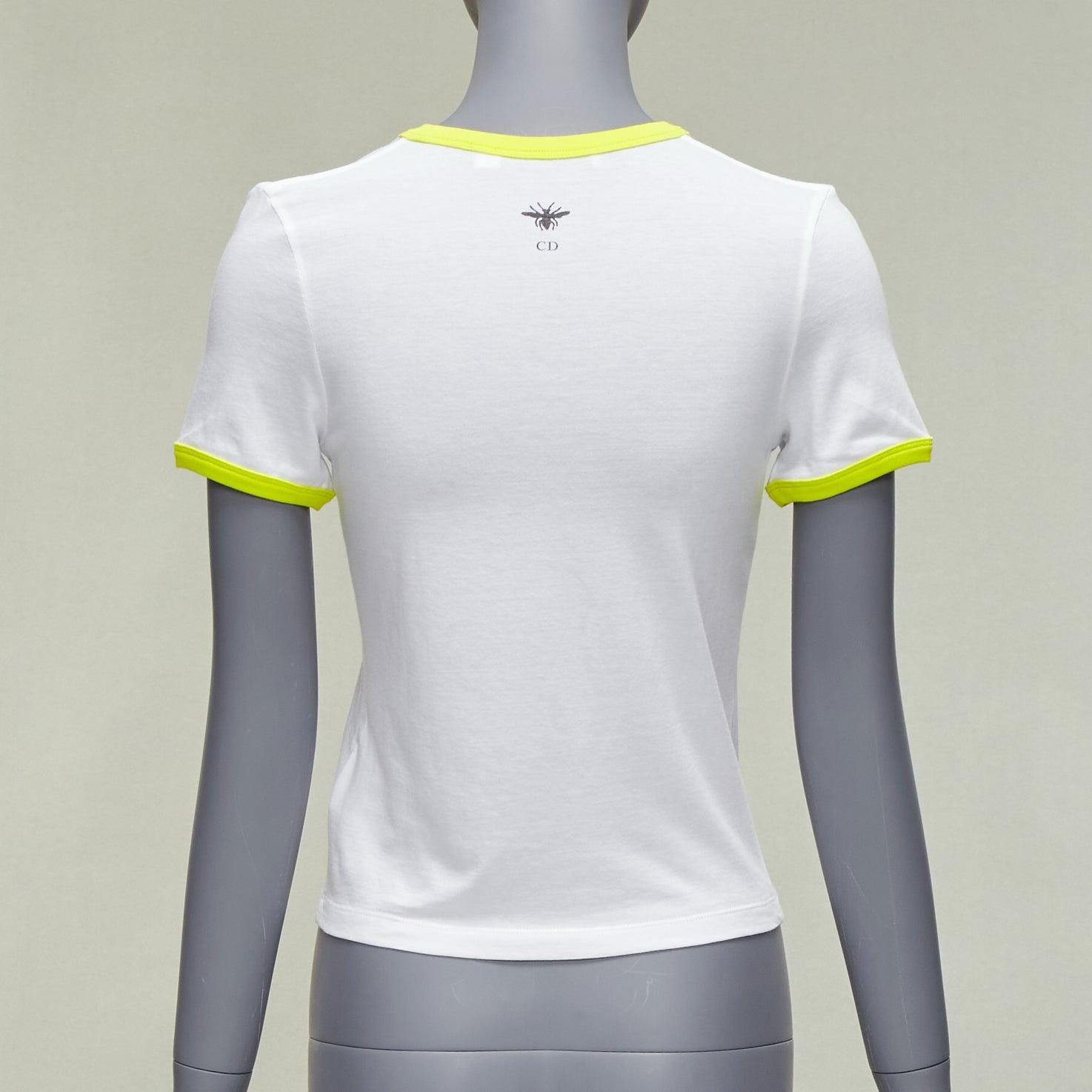 Women's DIOR 2022 logo lion graphic print yellow cropped white cotton ringer tshirt XS For Sale