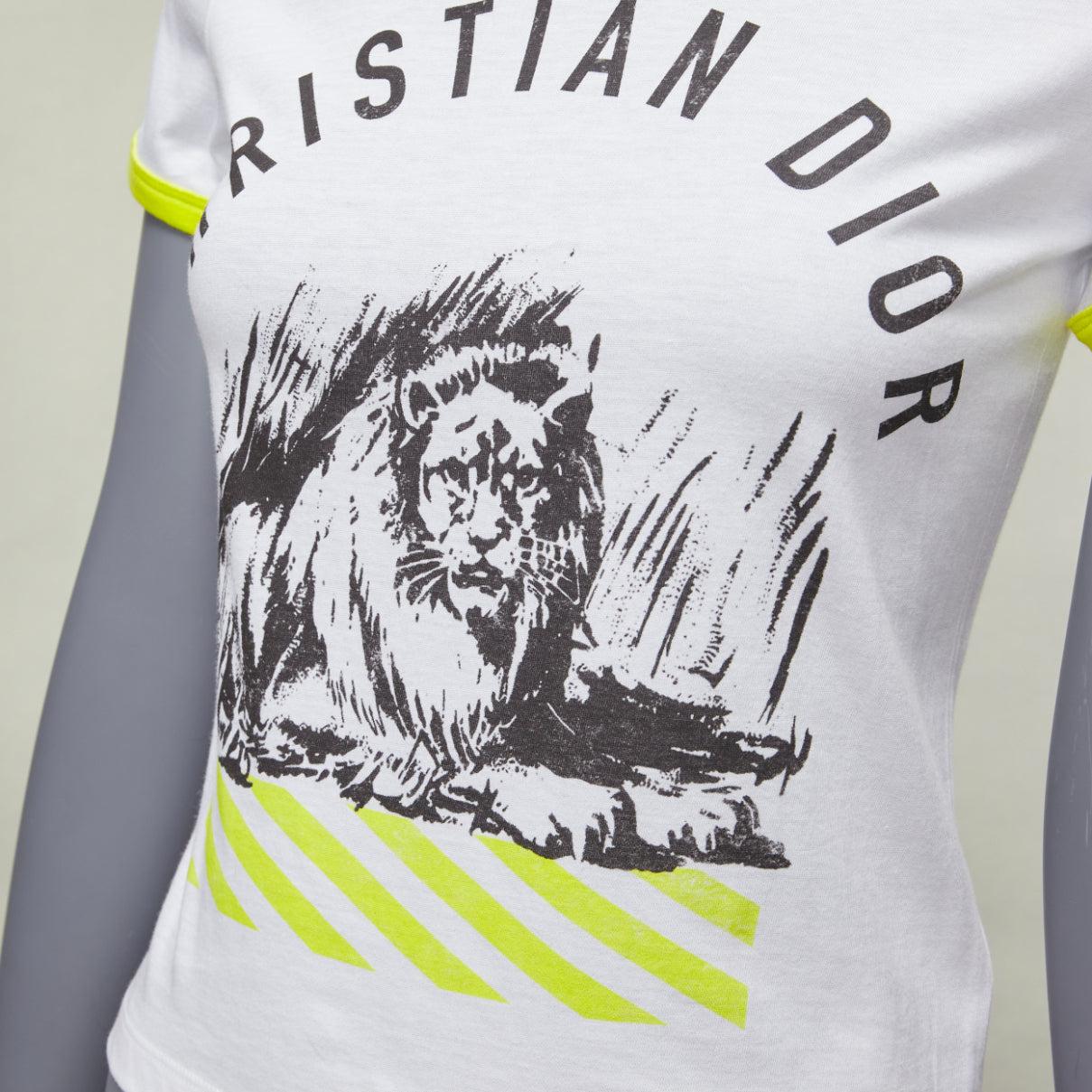 DIOR 2022 logo lion graphic print yellow cropped white cotton ringer tshirt XS For Sale 2