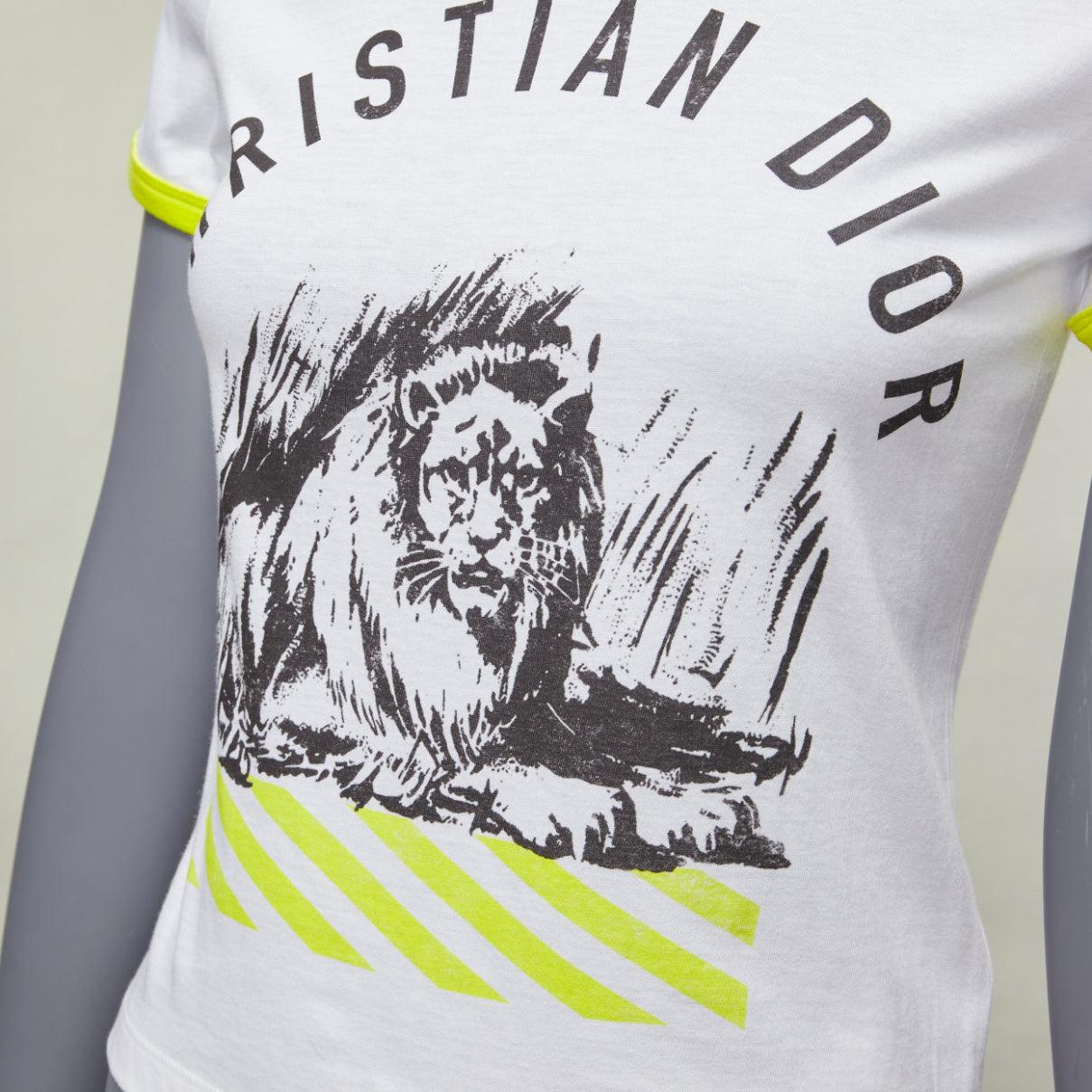 DIOR 2022 logo lion graphic print yellow cropped white cotton ringer tshirt XS For Sale 3