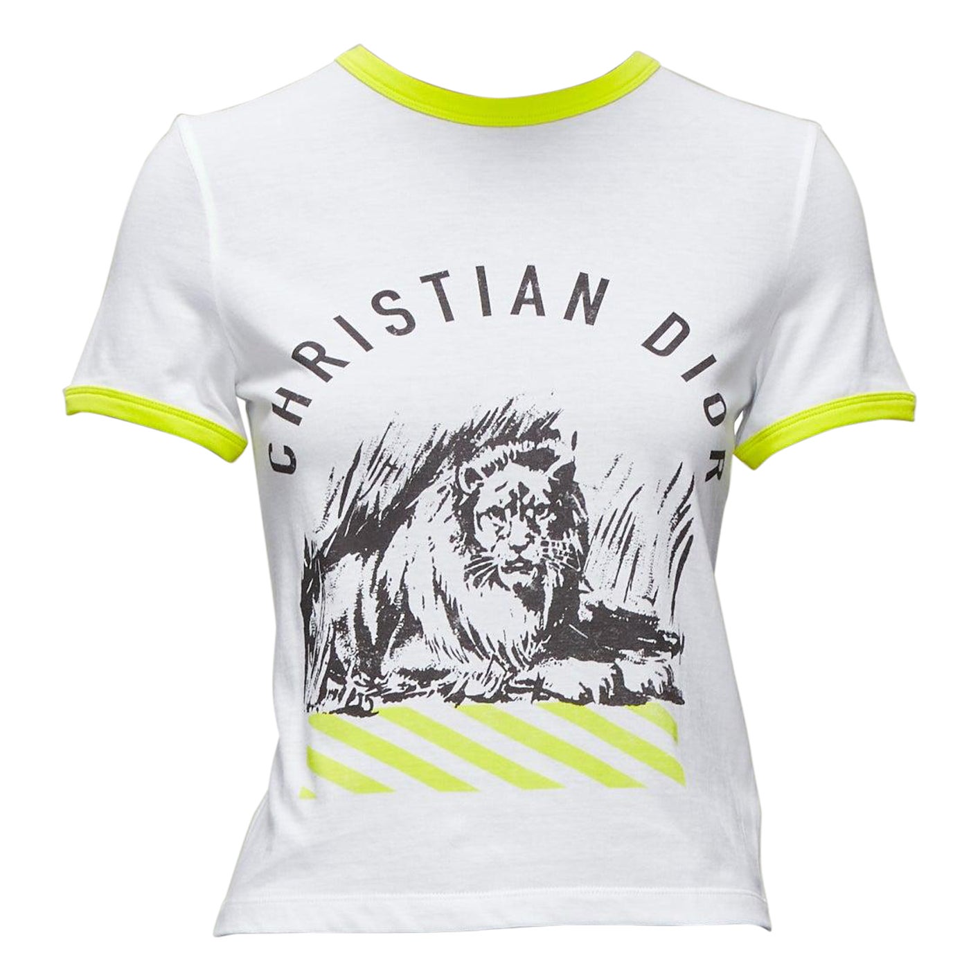 DIOR 2022 logo leone stampa grafica gialla tshirt ad anelli in cotone bianco XS