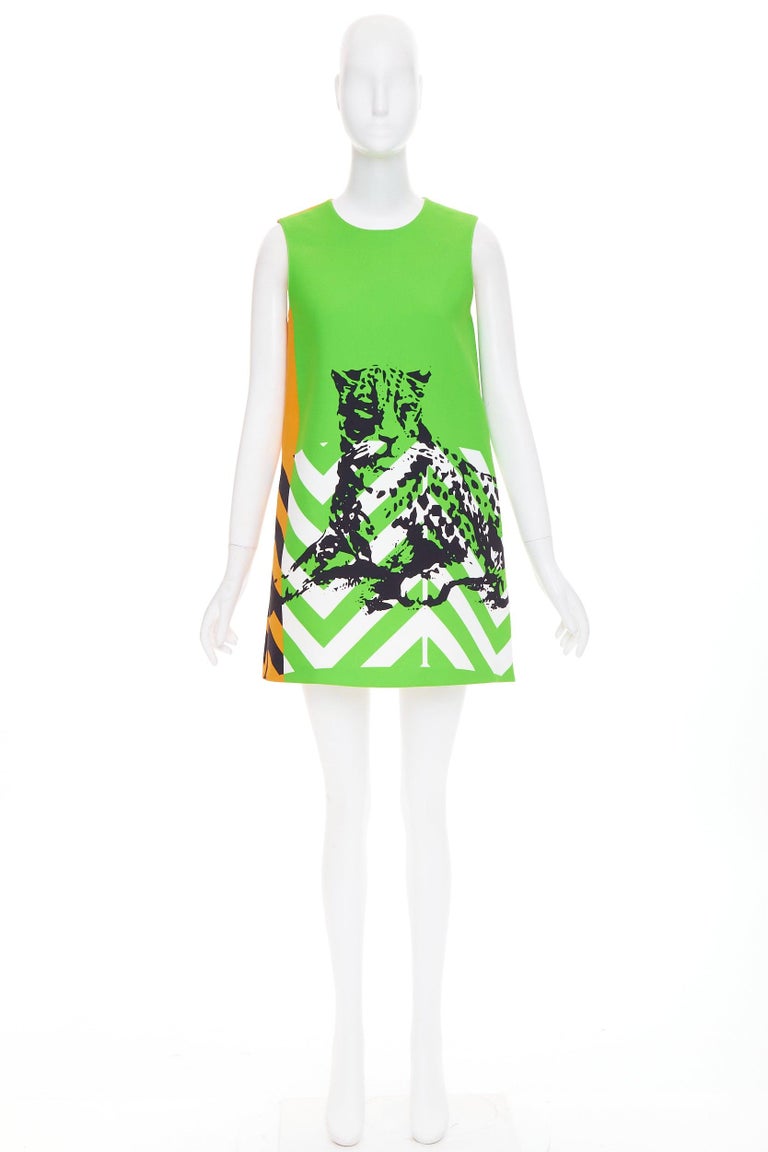 DIOR 2022 Runway D-Jungle geometric panther green orange graphic shift dress S For Sale at 1stDibs