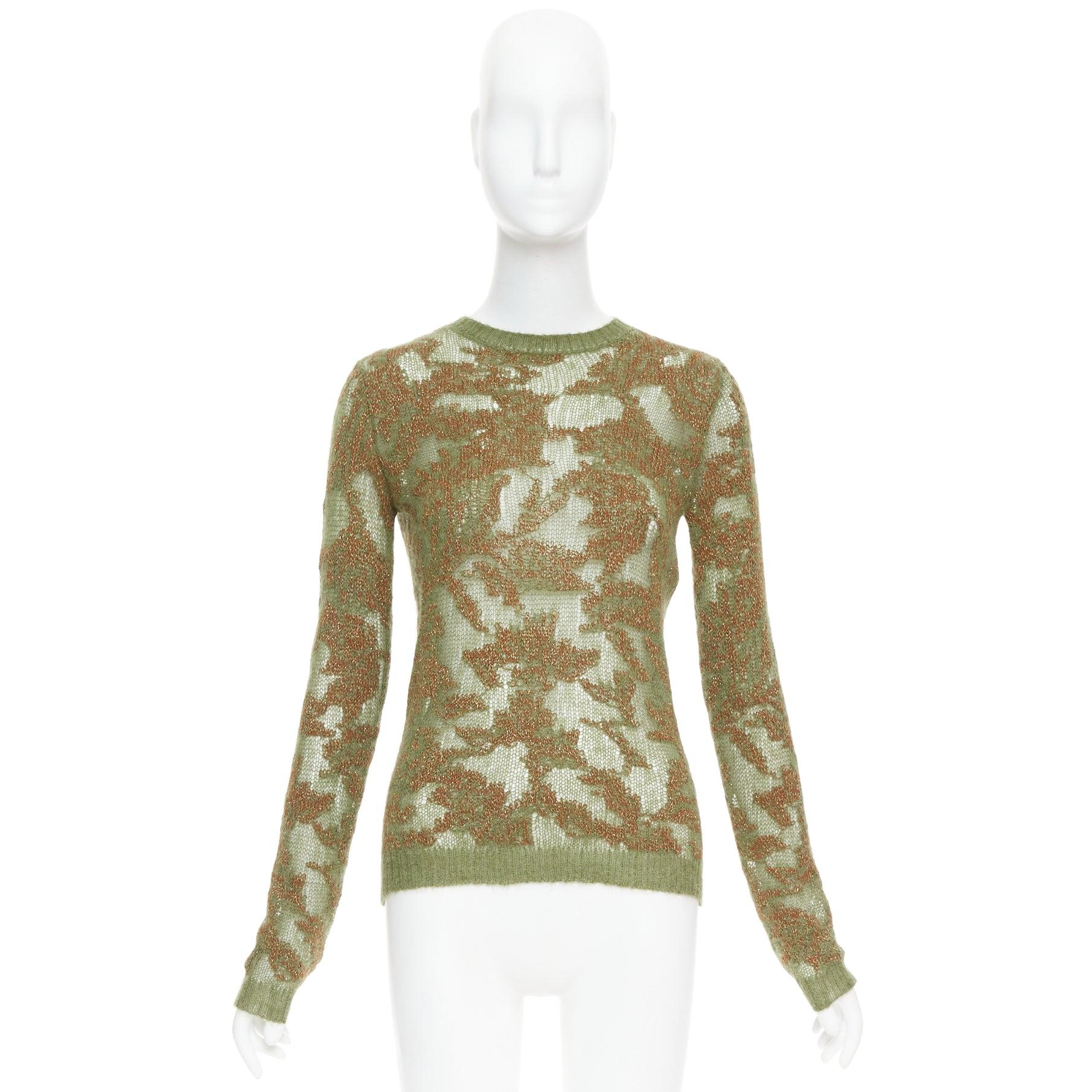 DIOR 2023 Brocart green brown cashmere blend loose knit sweater FR34 XS For Sale 4