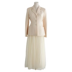 Dior 30 Montaigne Bar Jacket Off-White Ecru Plumetis Tulle Skirt Set FR38