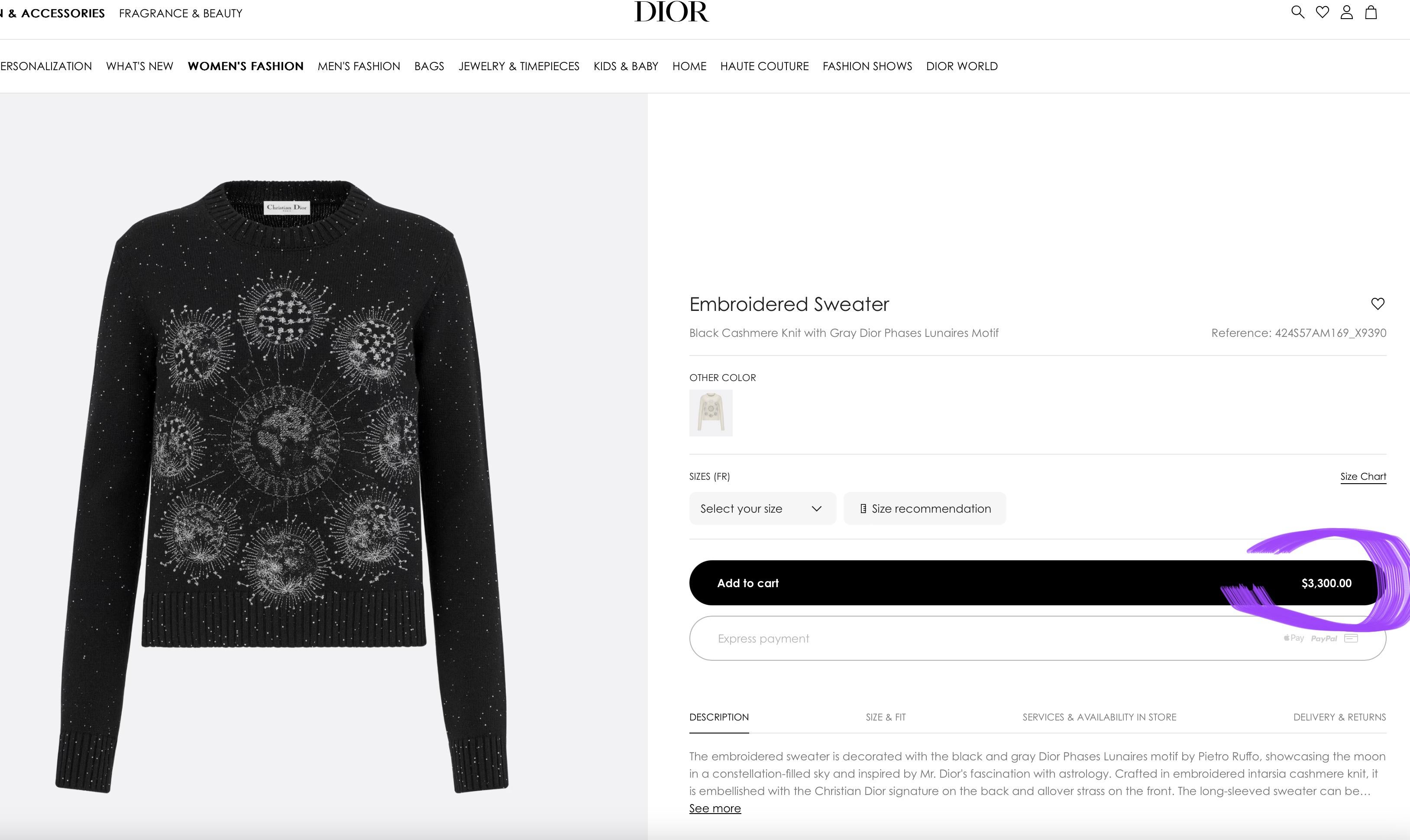 - boutique price 3,300$, not negotiable
New fabulous DIOR royal blue cashmere jumper with intricate embroidery featuring Star and 'Christian Dior Around the World' scripture. Rare and hard to get!
- CD logo embroidery ar back
Size mark 34 FR. Never