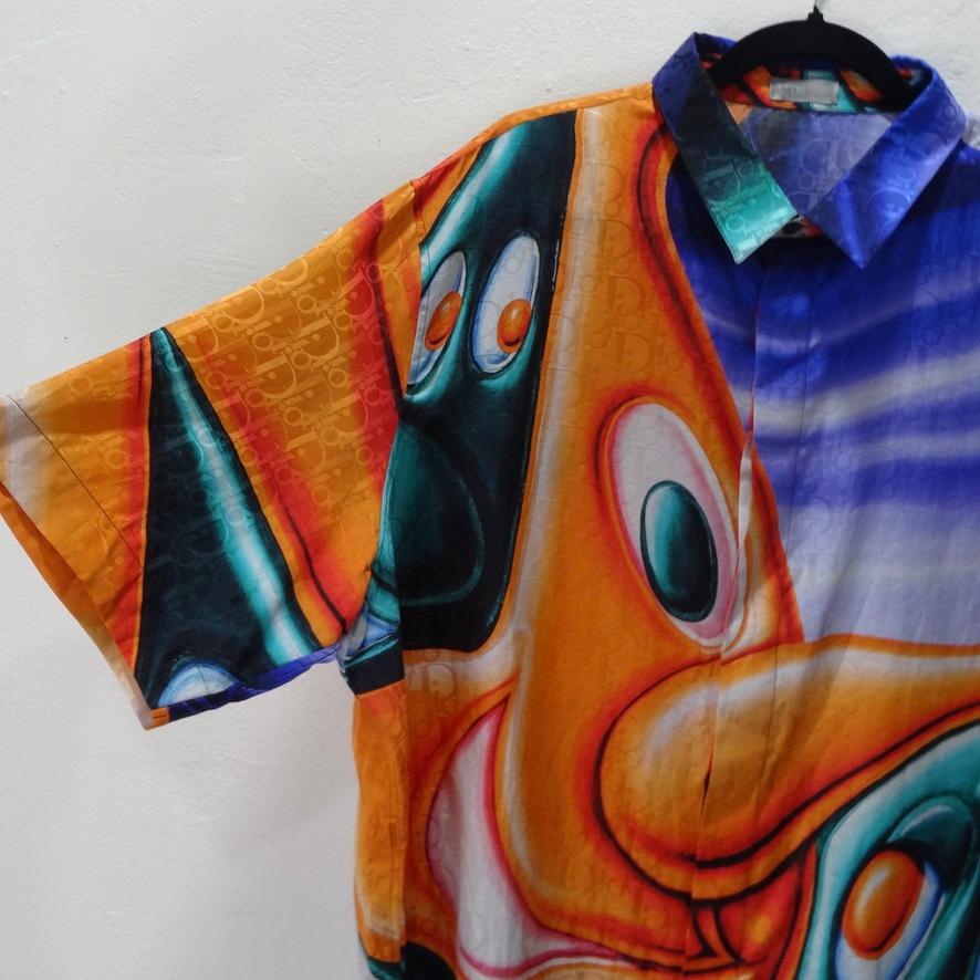 Spectacular abstract printed Dior mens button down shirt! This vibrant graphic is such a showstopper- there are so many unique details that you will never be able to stop staring! Look closely and notice the subtle Dior monogram covering the whole