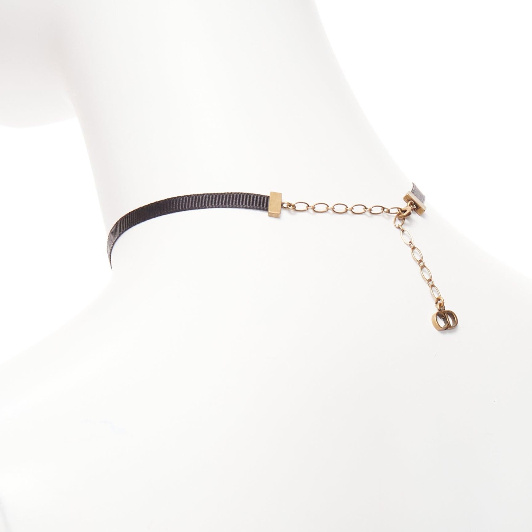 Women's DIOR antique gold star CD charm black fabric short choker