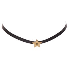 DIOR antique gold star CD charm black fabric short choker